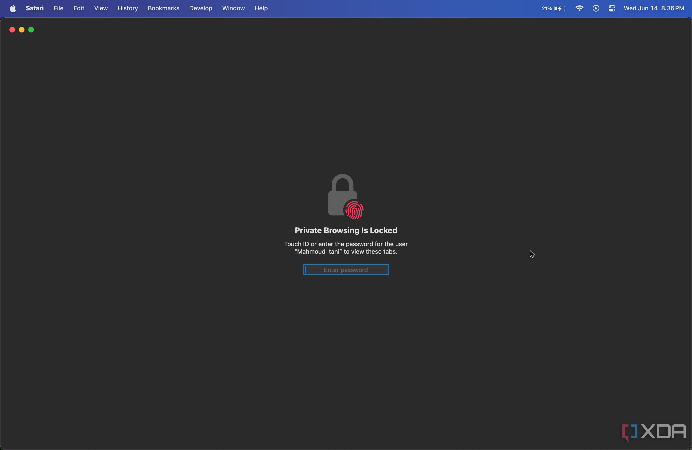 Ventana privada de Safari bloqueada que requiere contraseña o Touch ID