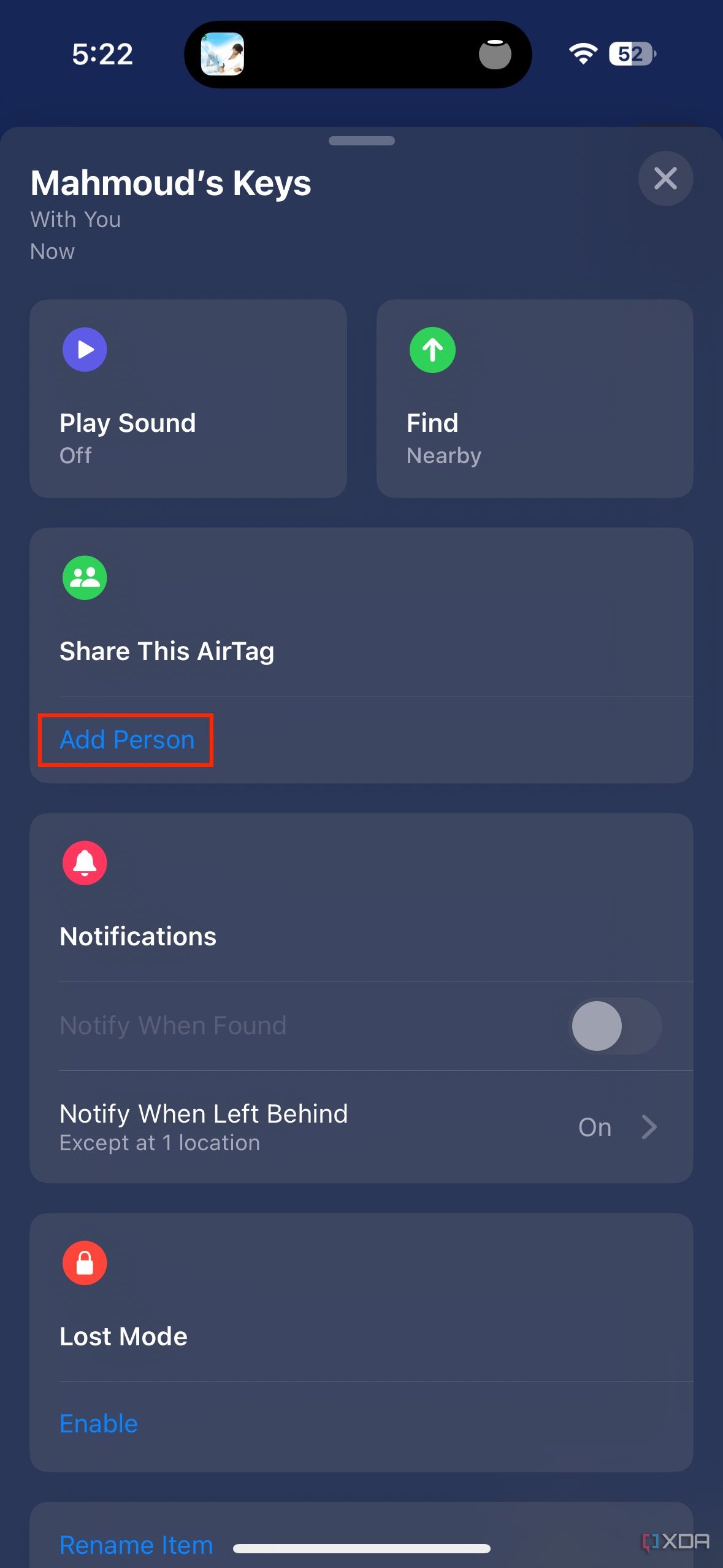 Add person button for sharing AirTag