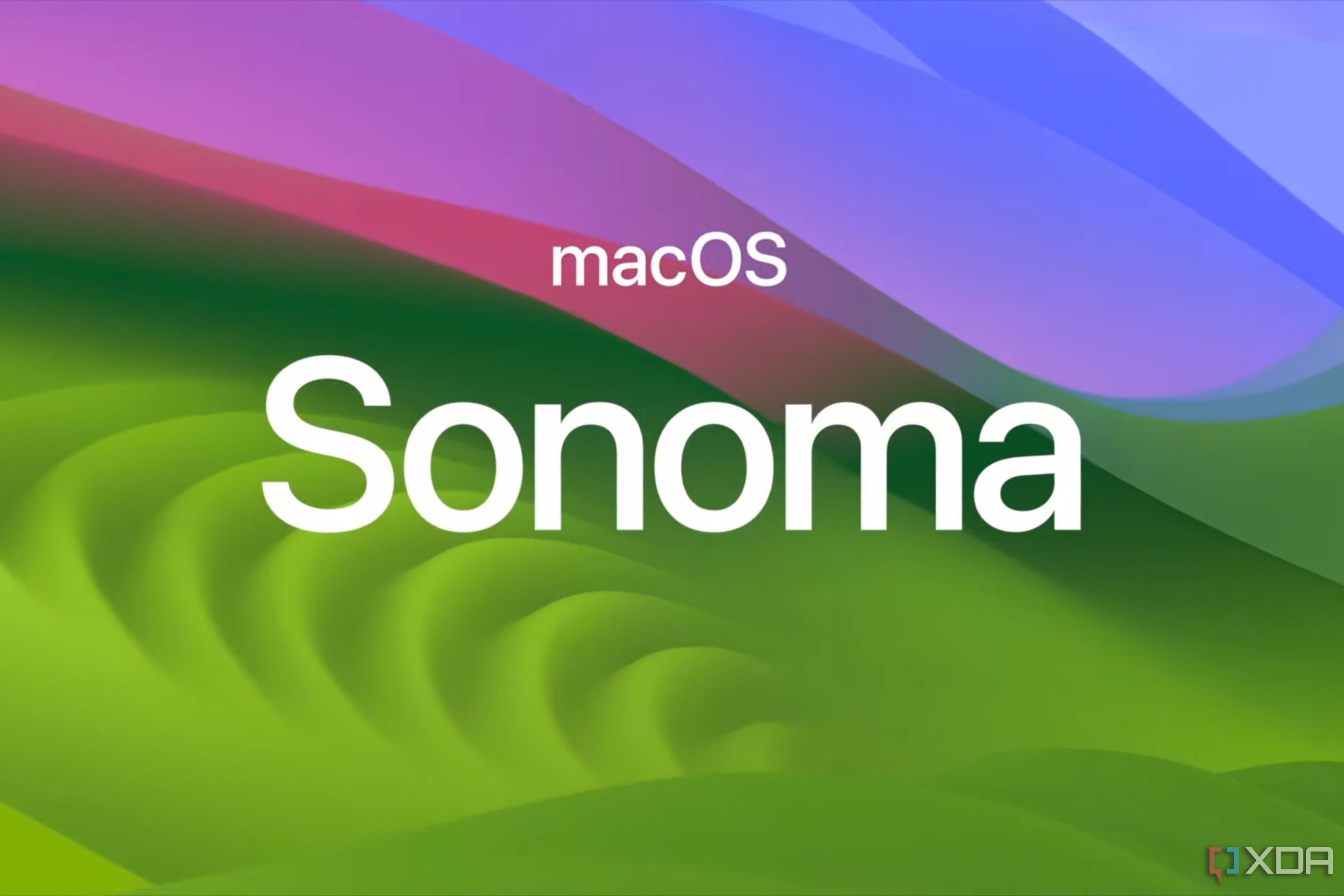 Text reading macOS Sonoma over a colorful background
