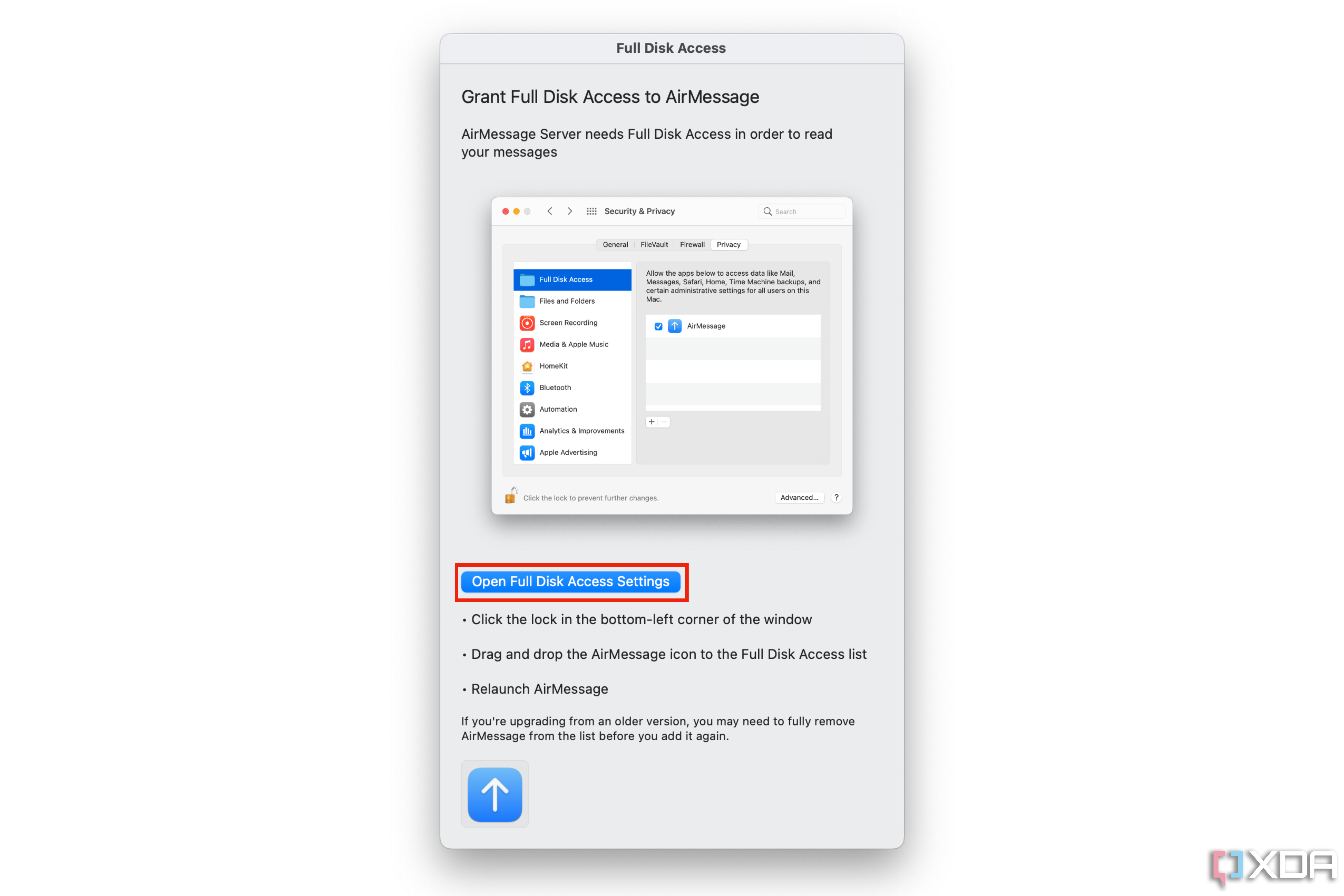 El botón para abrir la configuración de acceso completo al disco para AirMessage en Configuración del sistema.