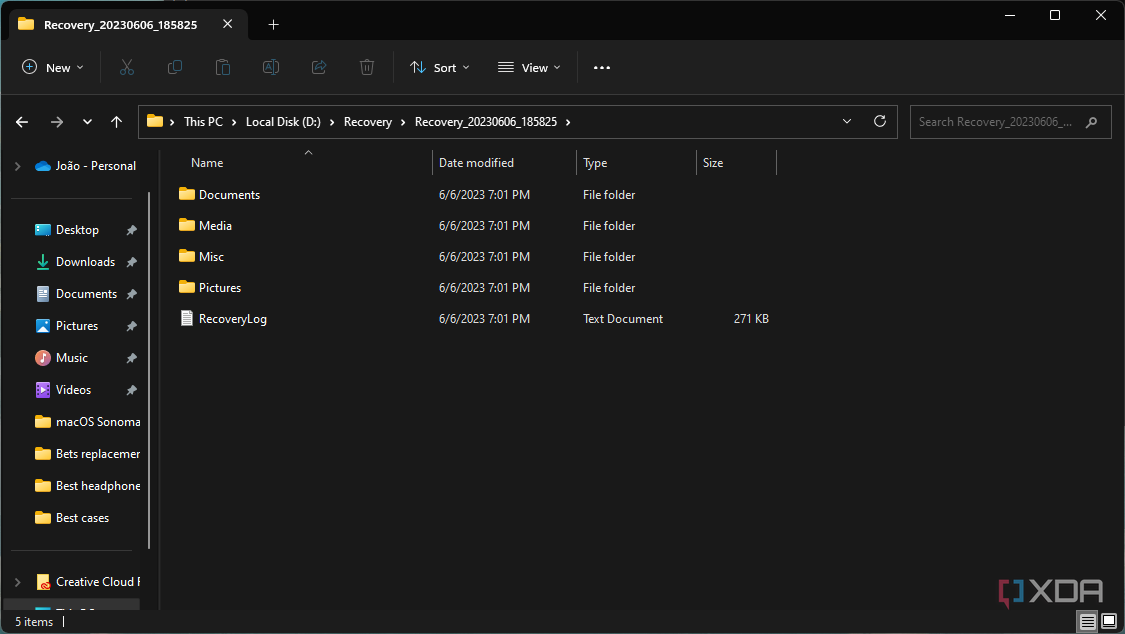 Screenshot of a folder with files recovered by Windows File Recovery