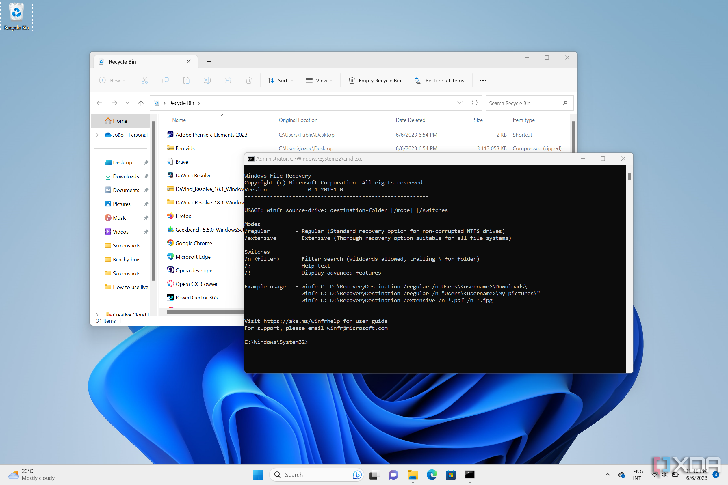 Screenshot of Windows 11 desktop with Windows File Recovery and Recycle Bin open