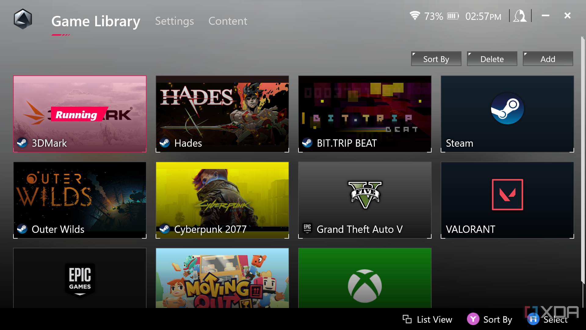 Game Library menu screen.