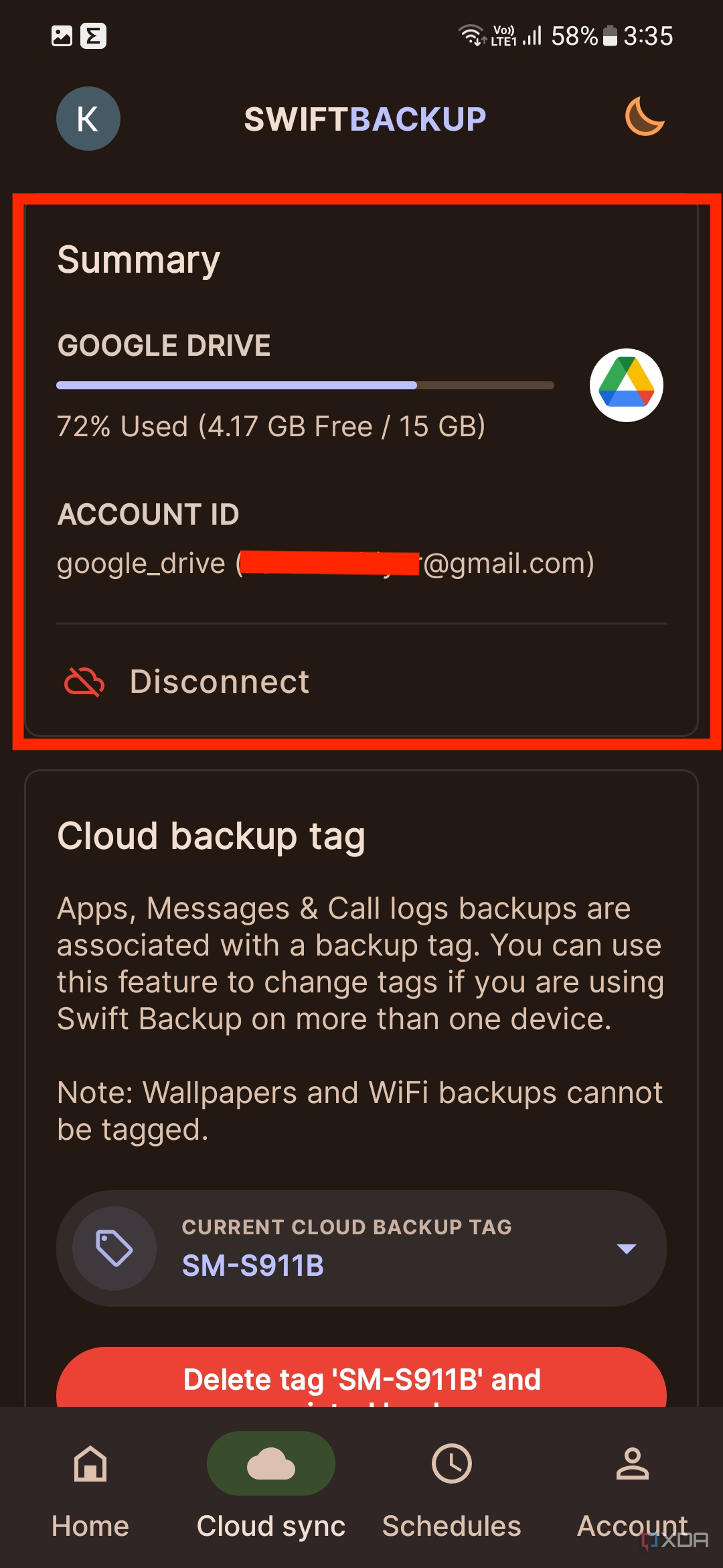 A screenshot showing the cloud connect feature in Swift Backup app.