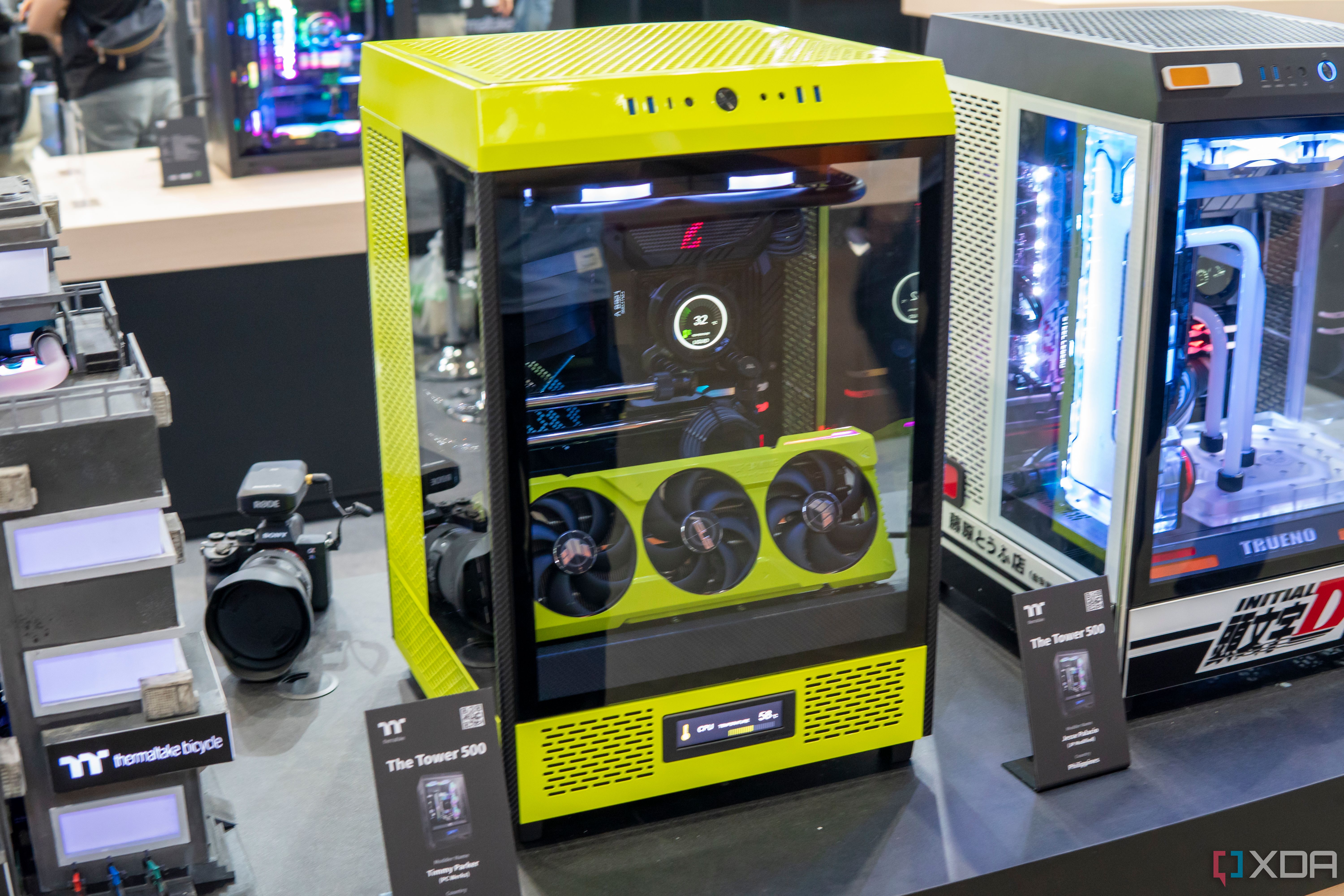 A custom PC based on Thermaltake's The Tower 500 case  modified with a lime green chassis. The installed GPU is also colored lime green