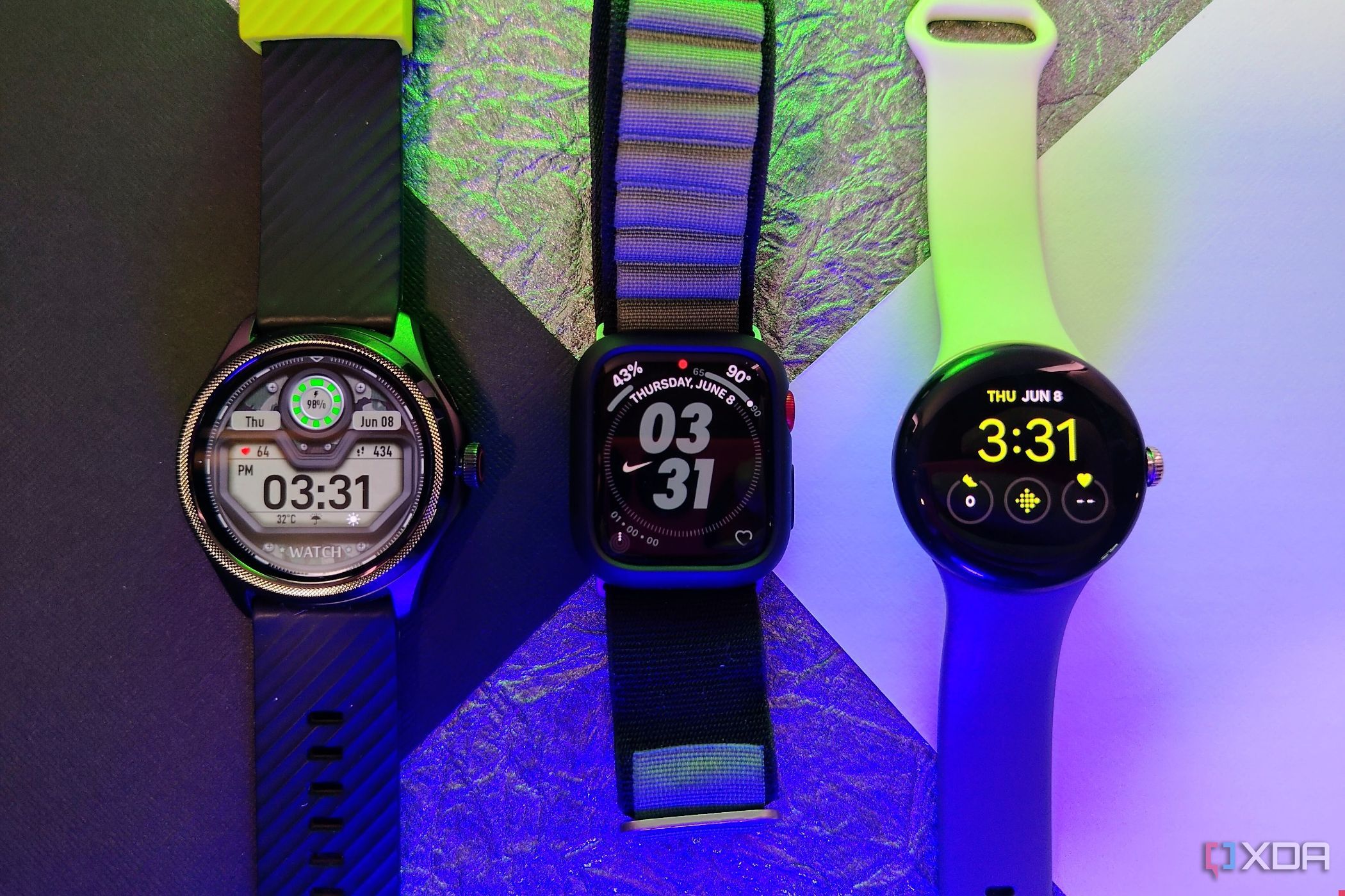 TicWatch Pro 5, Apple Watch 7, Google Pixel Watch together
