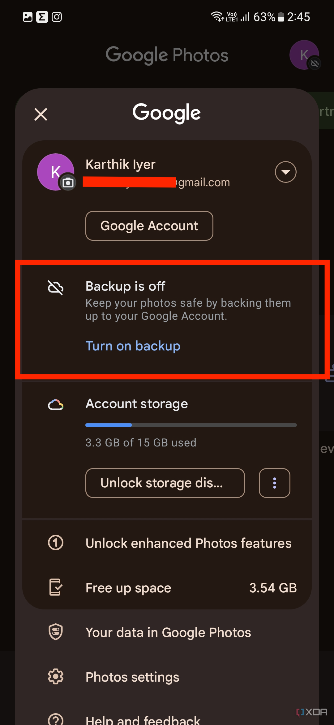 A screenshot the highlighted option to enable backup in Google Photos.