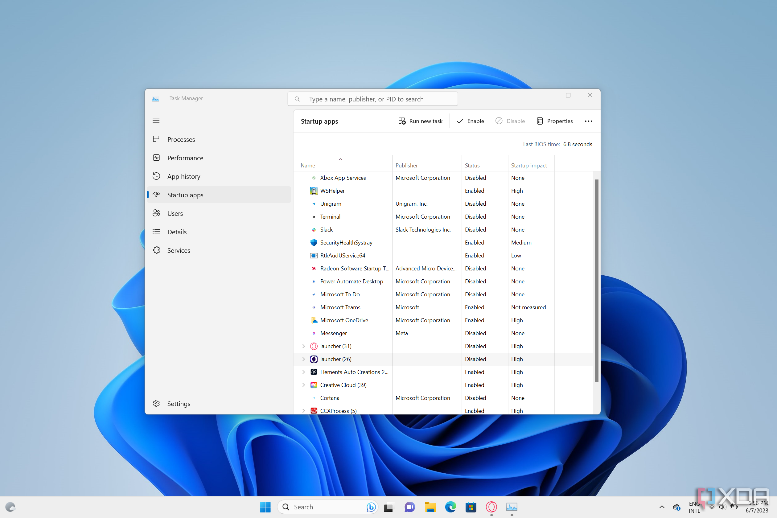 Screenshot of Windows 11 Task Manager open on the desktop showing startup apps