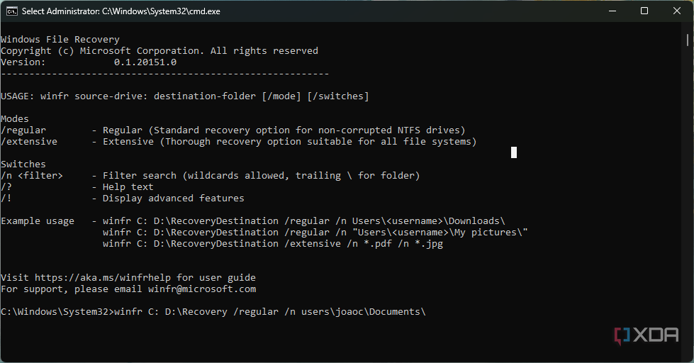 Screenshot of Windows File Recovery showing an example command to recover files from the user's Documents library