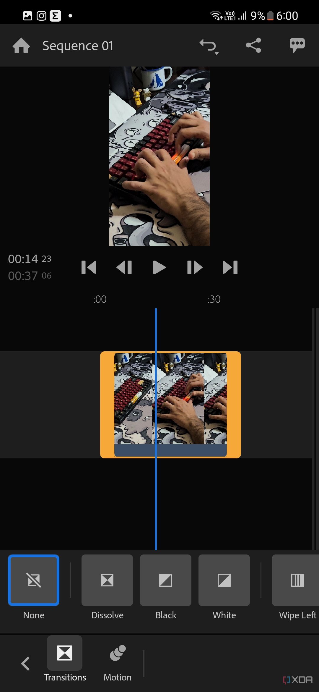 A screenshot captured on the Galaxy S23 showing the effects menu in Adobe Premiere Rush app.