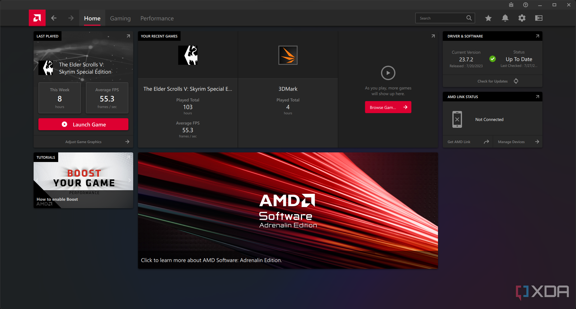 The home tab in AMD Radeon Adrenaline software.