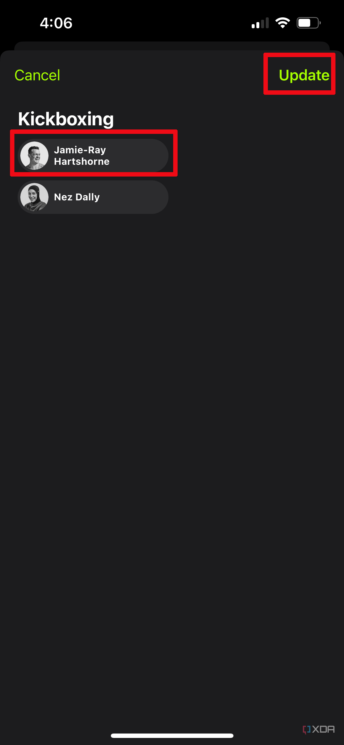 Custom workout plan in Apple Fitness+ with the page to select a kickboxing coach.