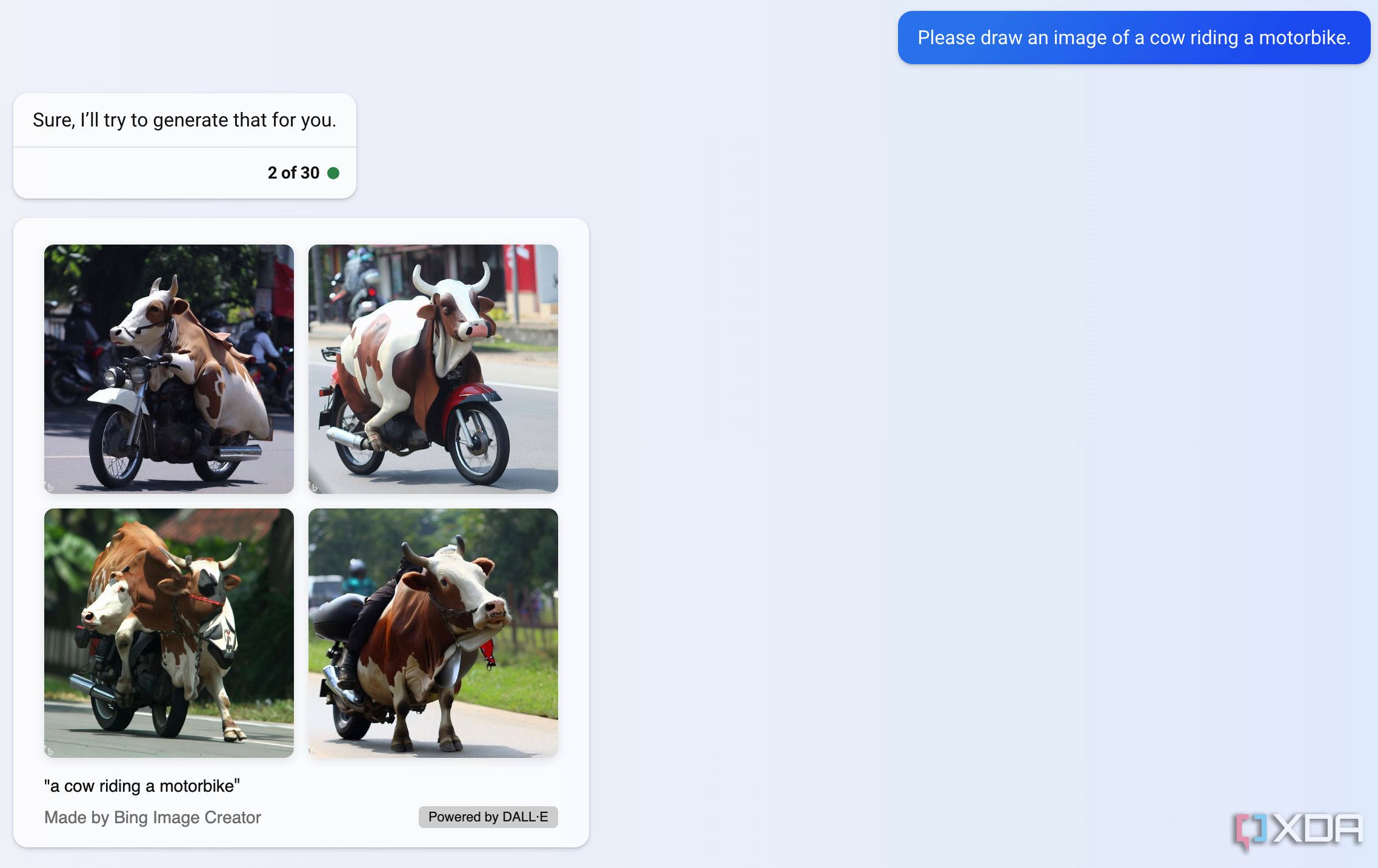 Pedirle a Bing que "dibuje una imagen de una vaca montando una motocicleta" y recibir cuatro imágenes de eso a cambio.