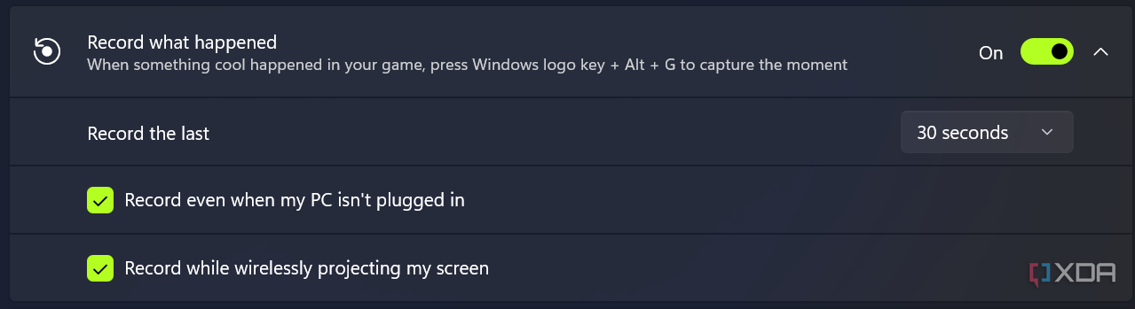 Screenshot of settings related to automatic recordings in the Windows 11 Settings app