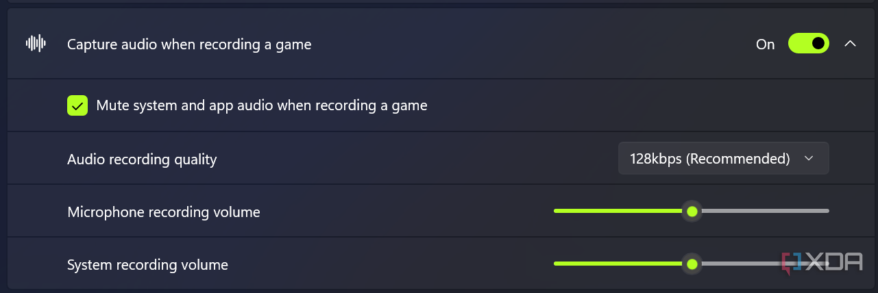 Screenshot of audio settings for game recordings in Windows 11