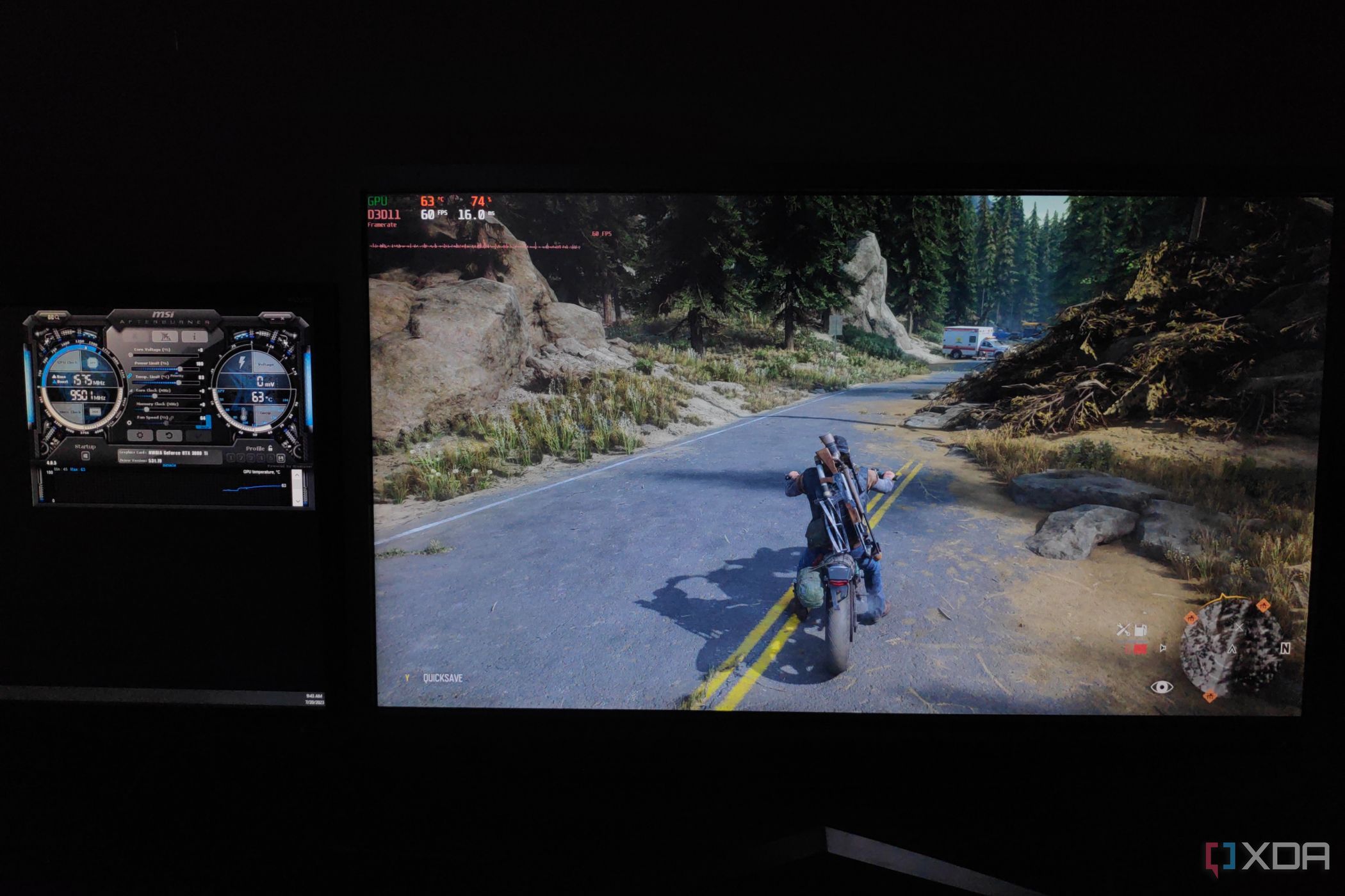 A monitor showing the FPS in Days Gone and another monitor with MSI Afterburner open