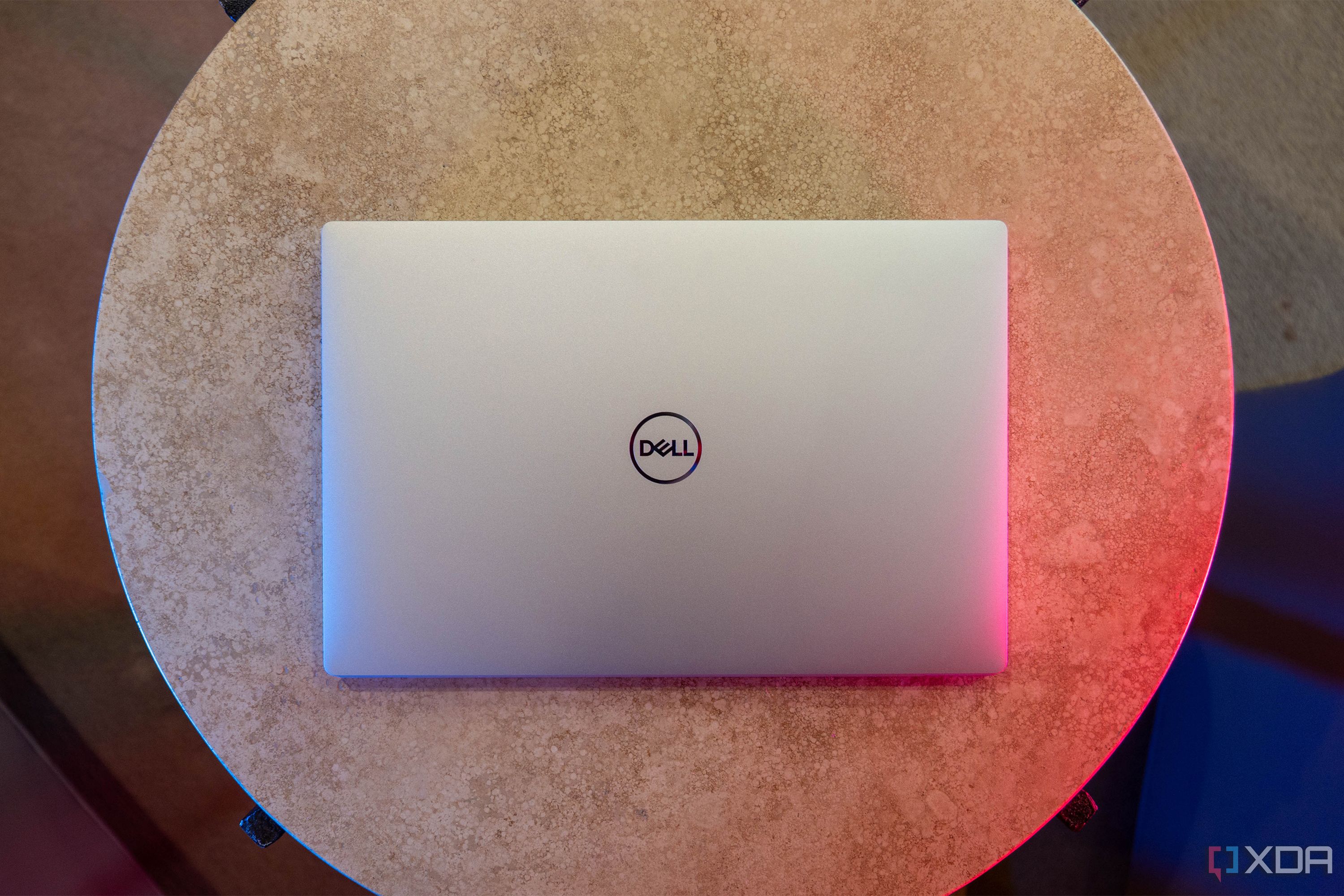 Top down view of metal Dell laptop