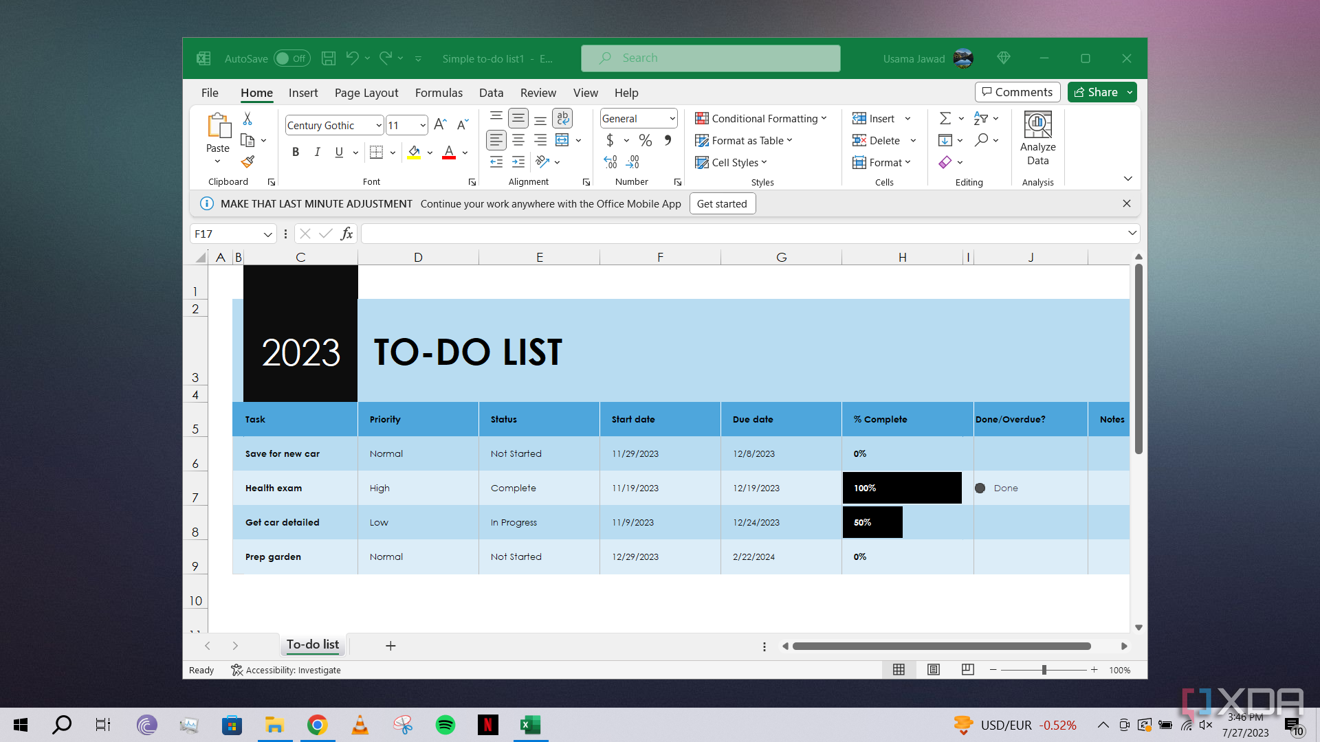 Microsoft Excel open on Windows 10 desktop