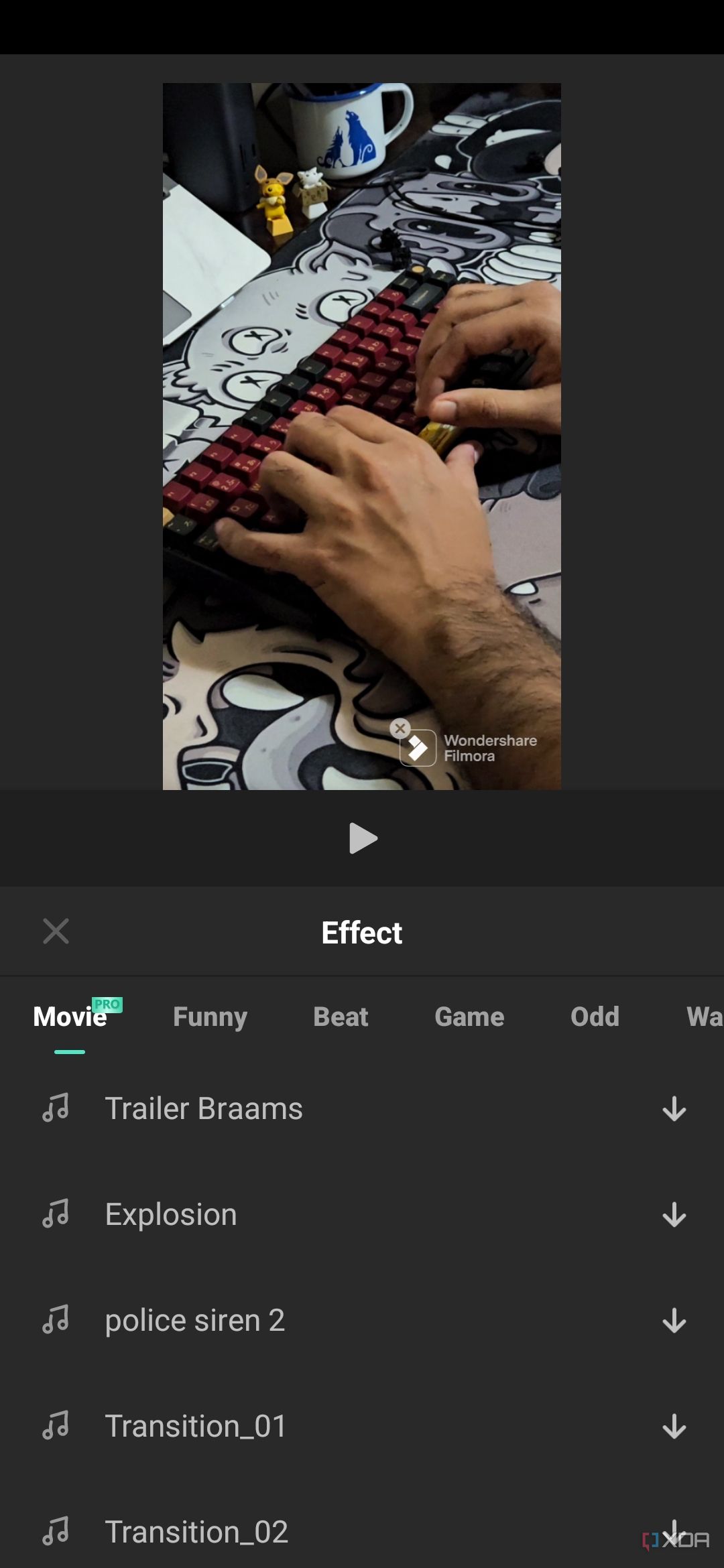 A screenshot captured on a Galaxy S23 showing the audio effects in Filmora app.