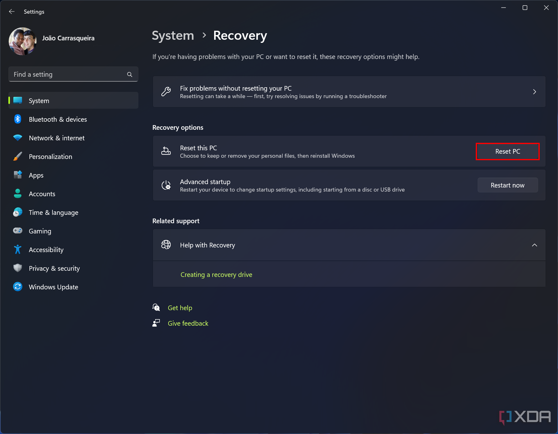 Screenshot of the Recovery page in Windows 11 Settings with the Reset PC button highlighted