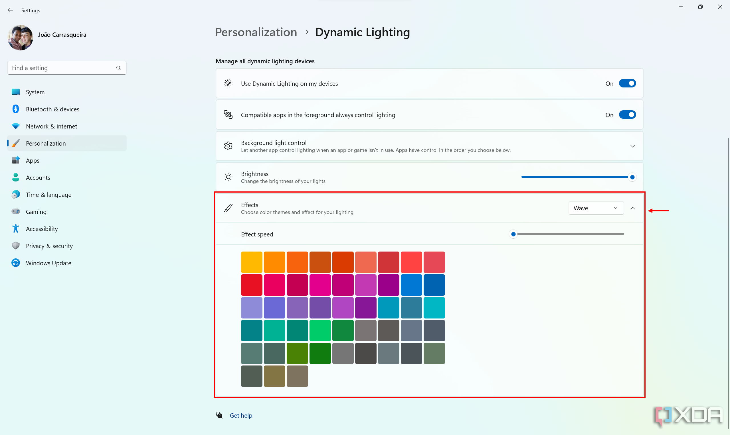 Screenshot der Einstellungsseite für dynamische Beleuchtung in Windows 11