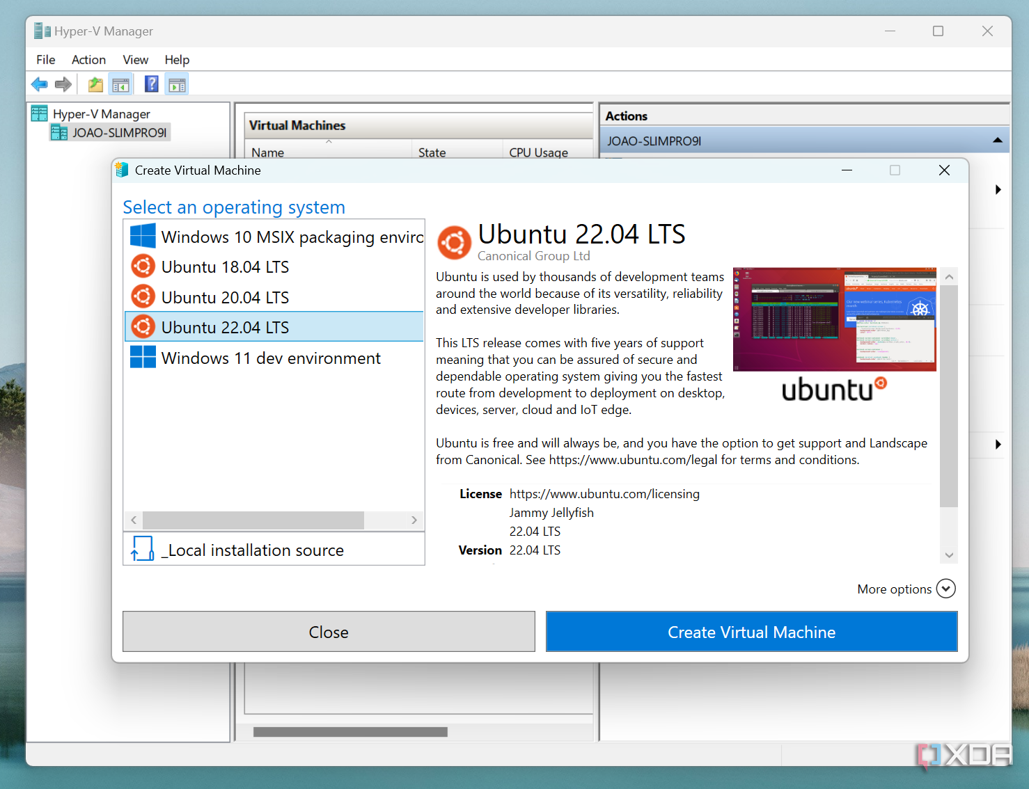 Screenshot of Hyper-V Manager Quick Create dialog with Ubuntu chosen as the OS to install in a virtual machine