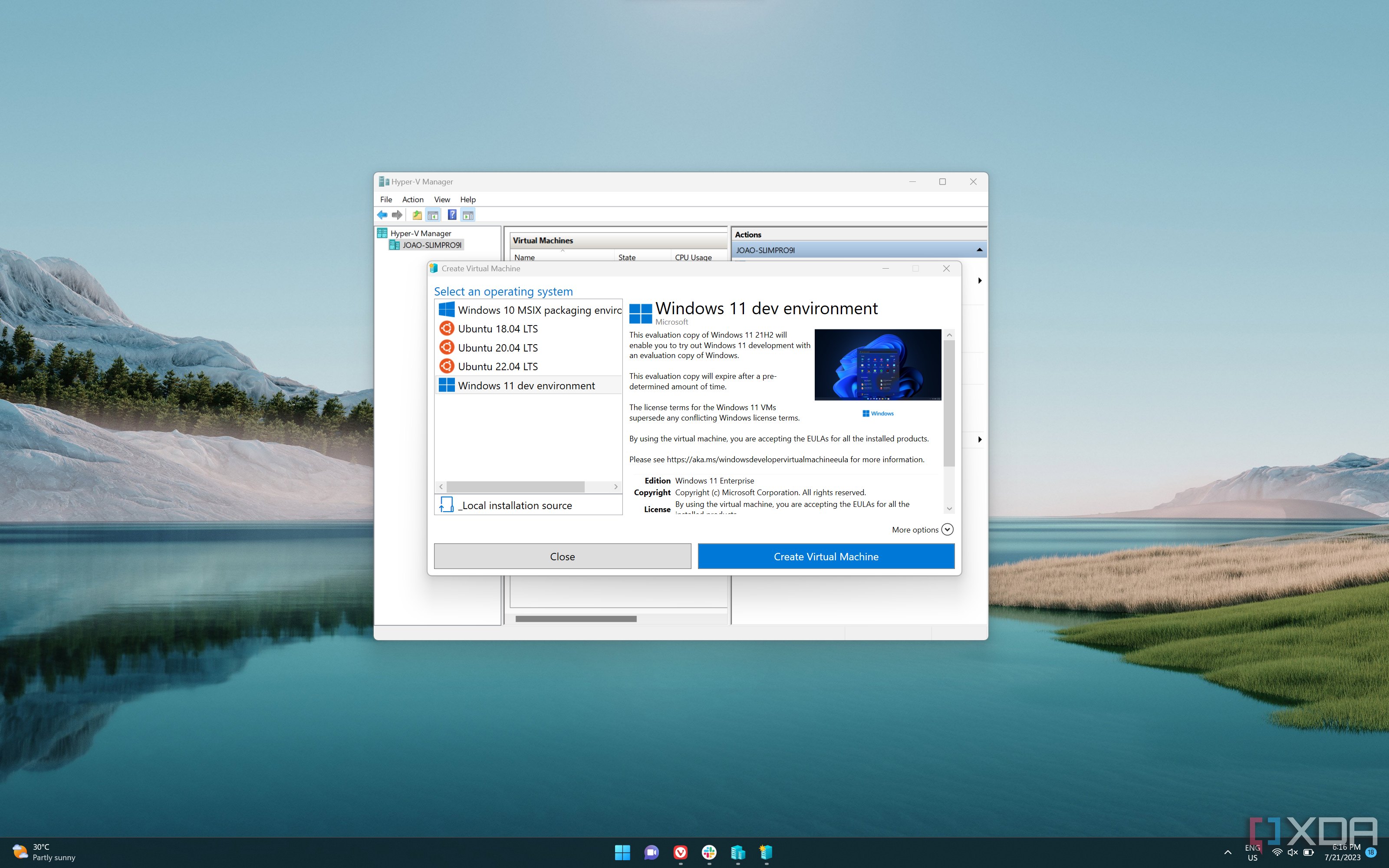 Screenshot of Hyper-V Manager and quick create wizard open over a Windows 11 desktop background