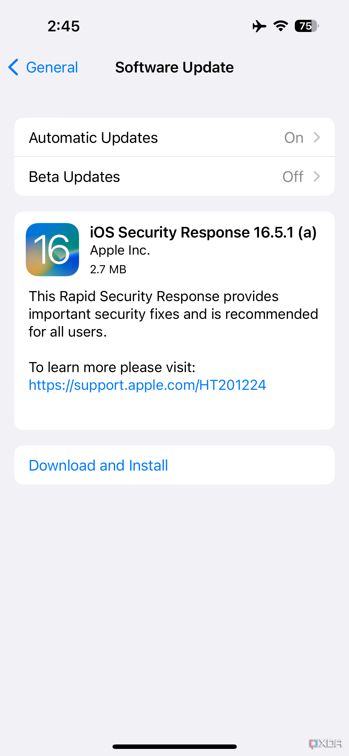 Apple RSR update 16.5.1 (a) on iPhone screenshot