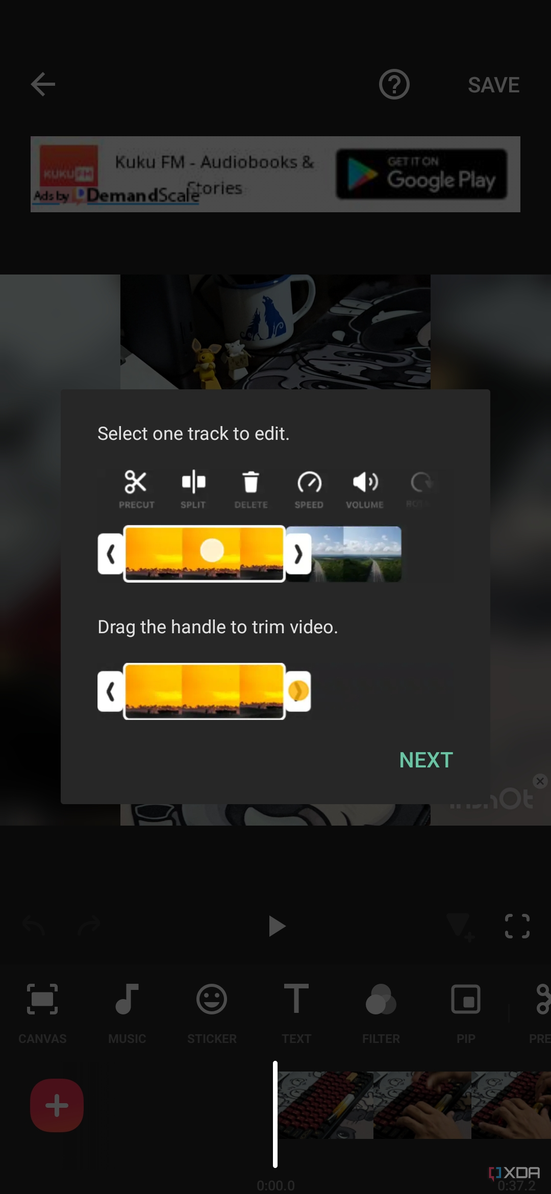 A screenshot captured on a Galaxy S23 showing the main screen of InShot app.