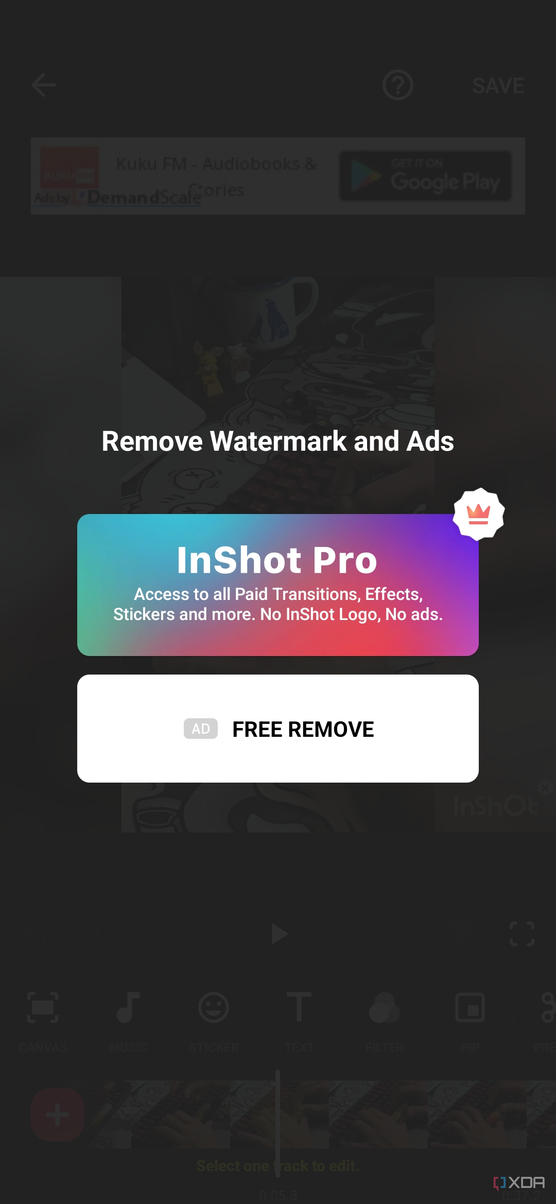 A screenshot captured on a Galaxy S23 showing the pop up ad to remove the watermark in InShot app.