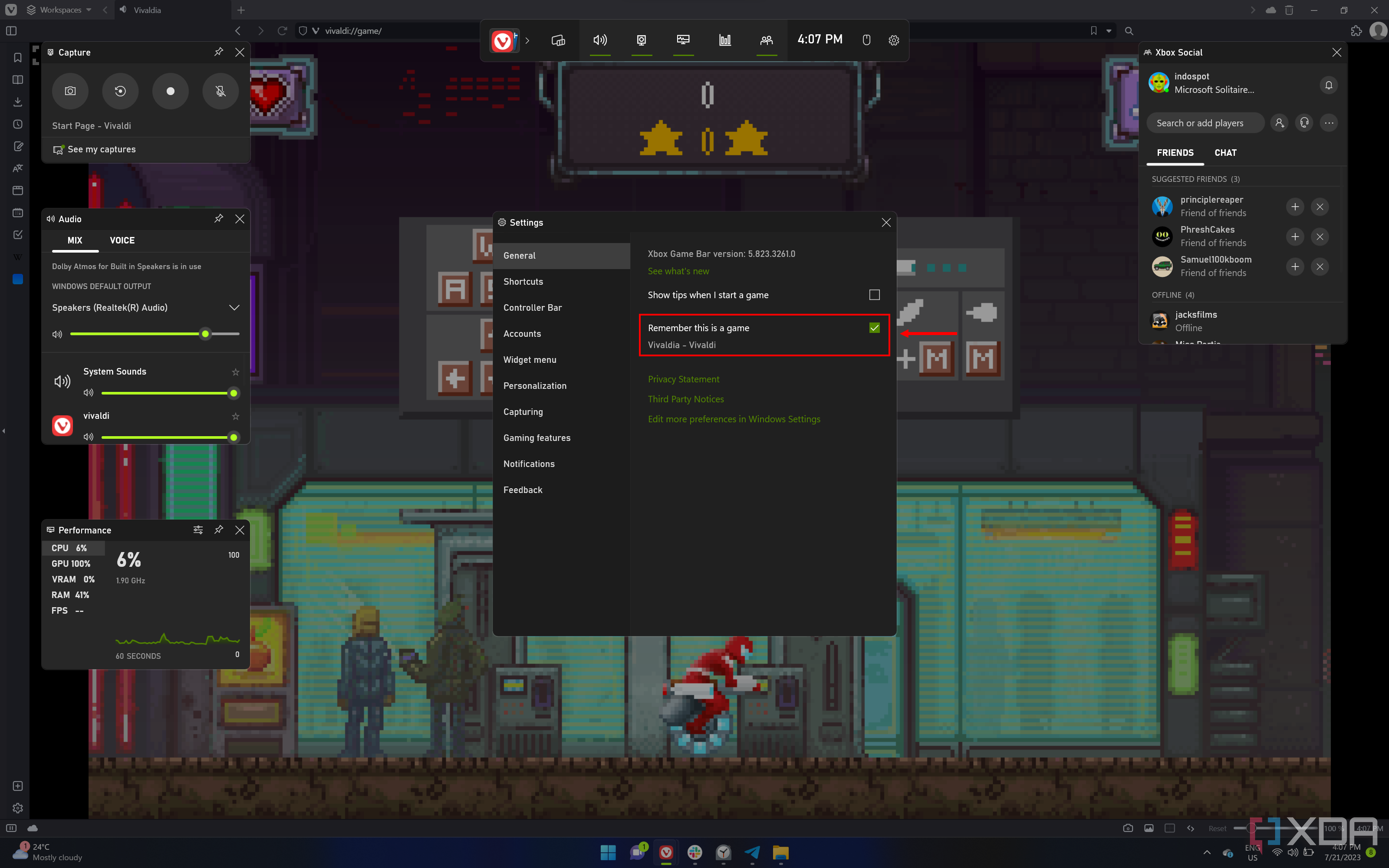 Screenshot of the game bar UI showing the general settings page with the option to remember the current active app as a game enabled.