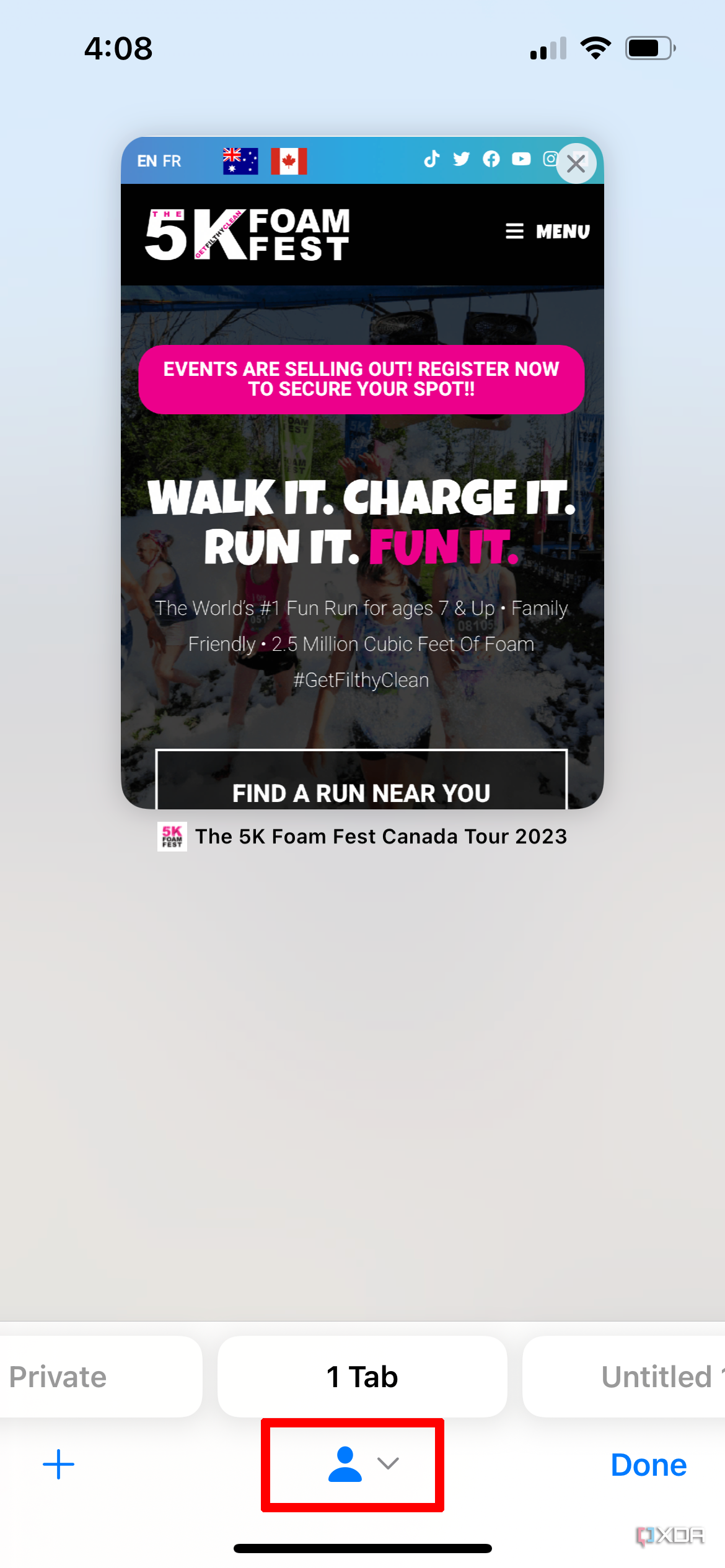 The Profiles tab in the Safari browser on an iPhone selected