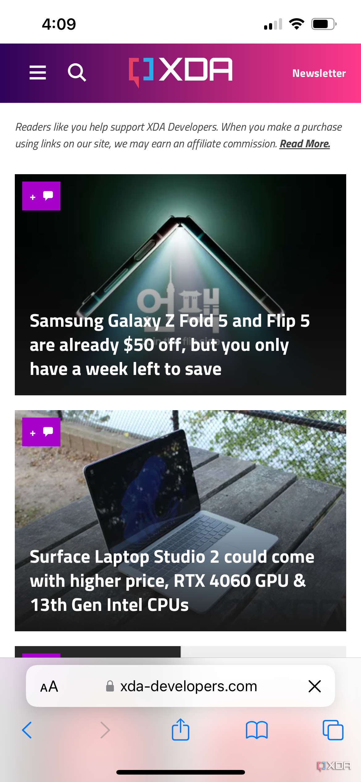 The XDA website now open in the Safari browser under a Work Profile on an iPhone.