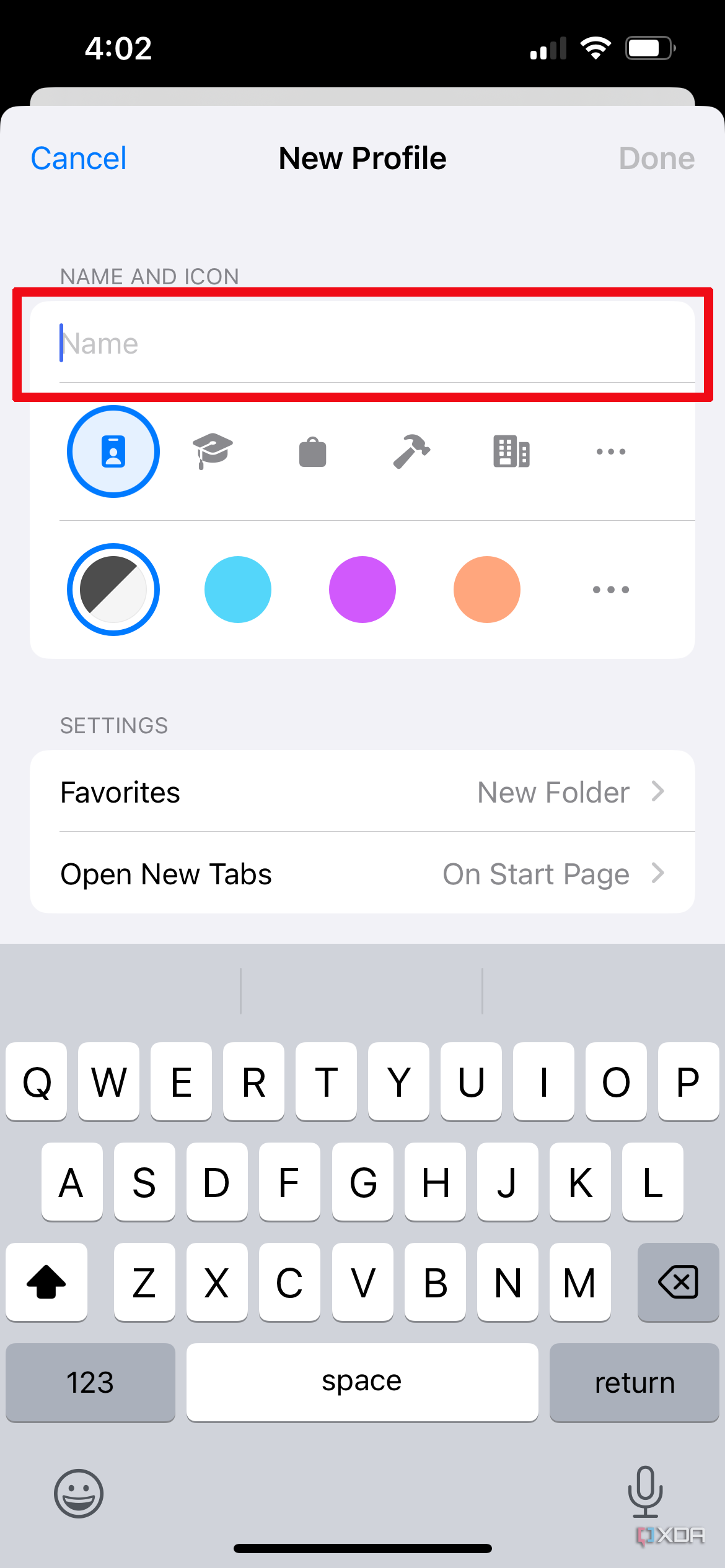 The New Profile page in the Safari settings on iPhone with the Name field selected.