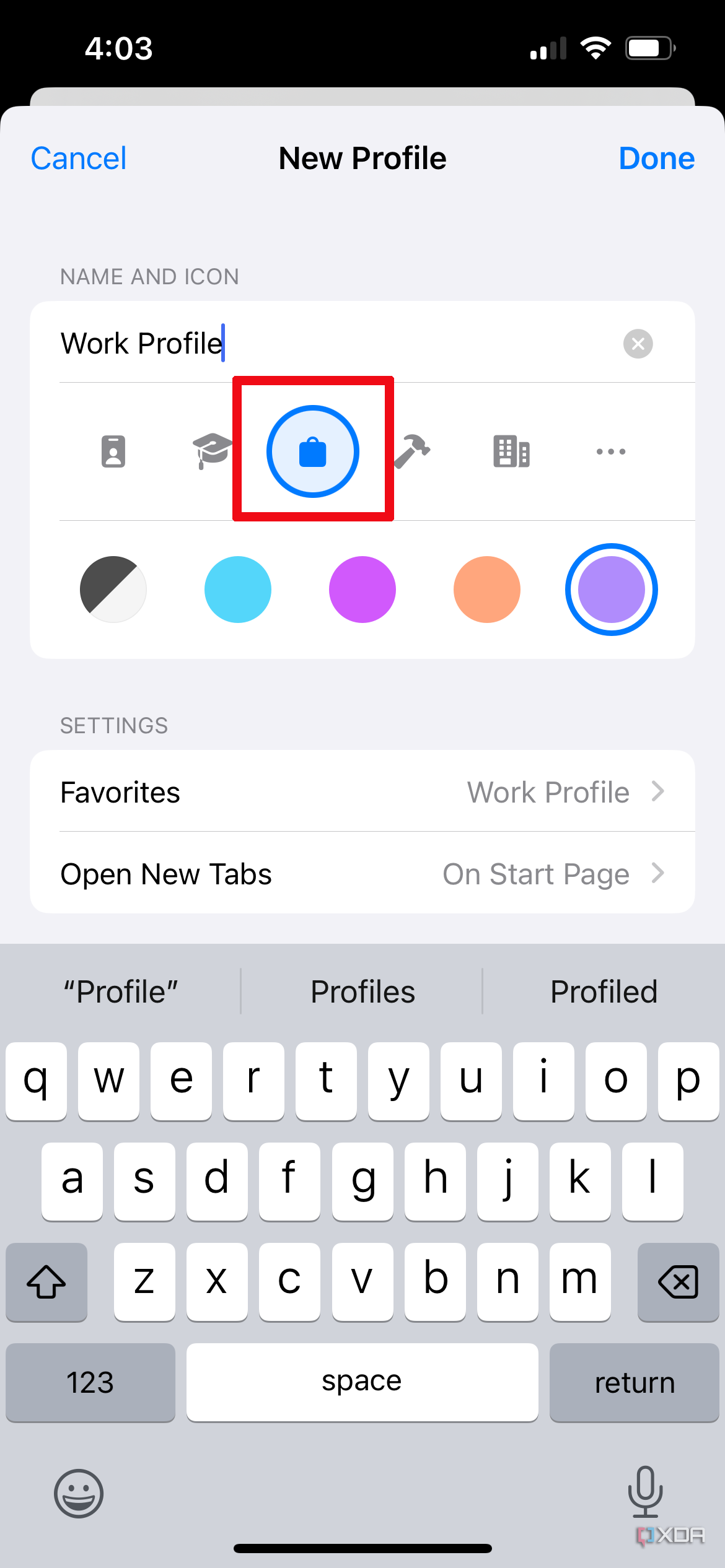 The New Profile page in Safari settings on iPhone with the briefcase icon selected.