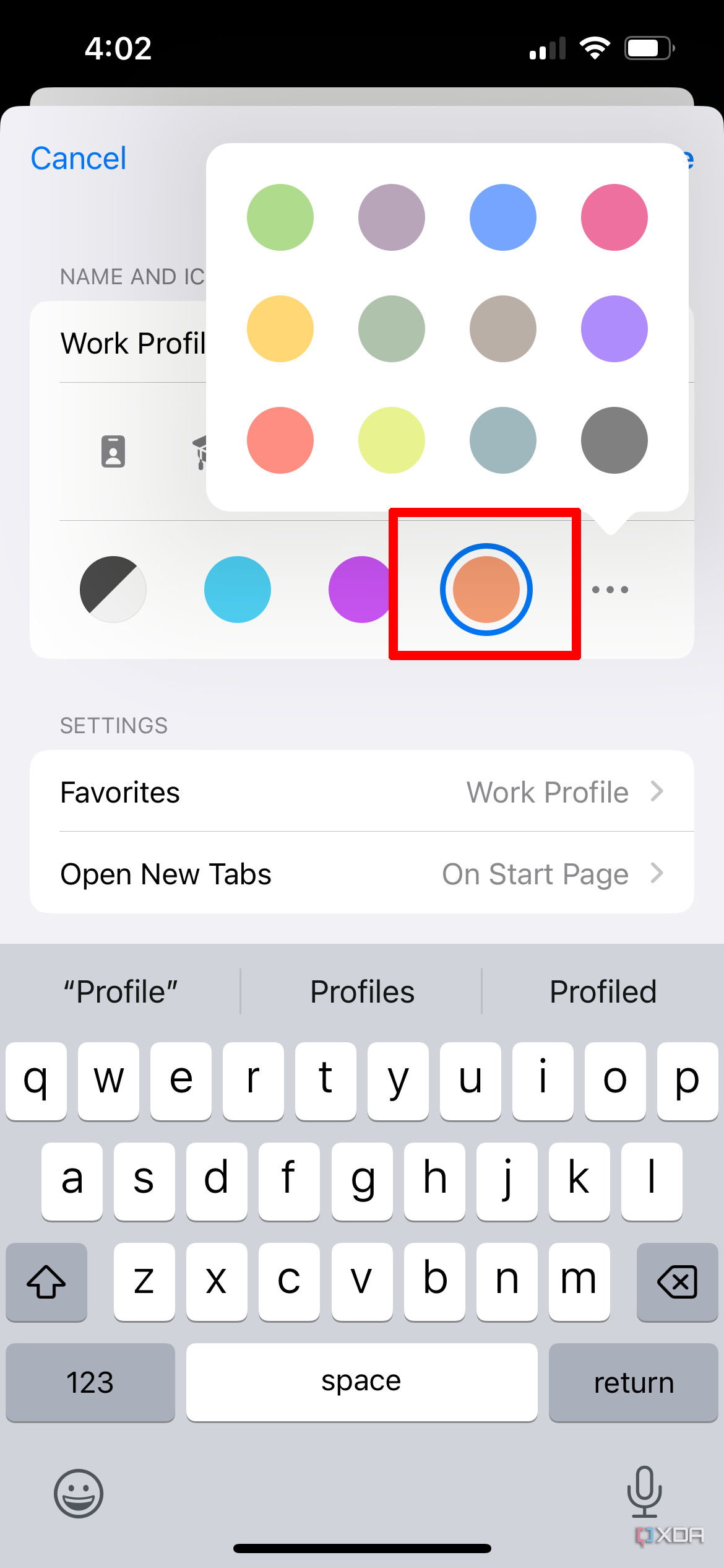 The New Profile page in Safari settings with a color scheme selected.