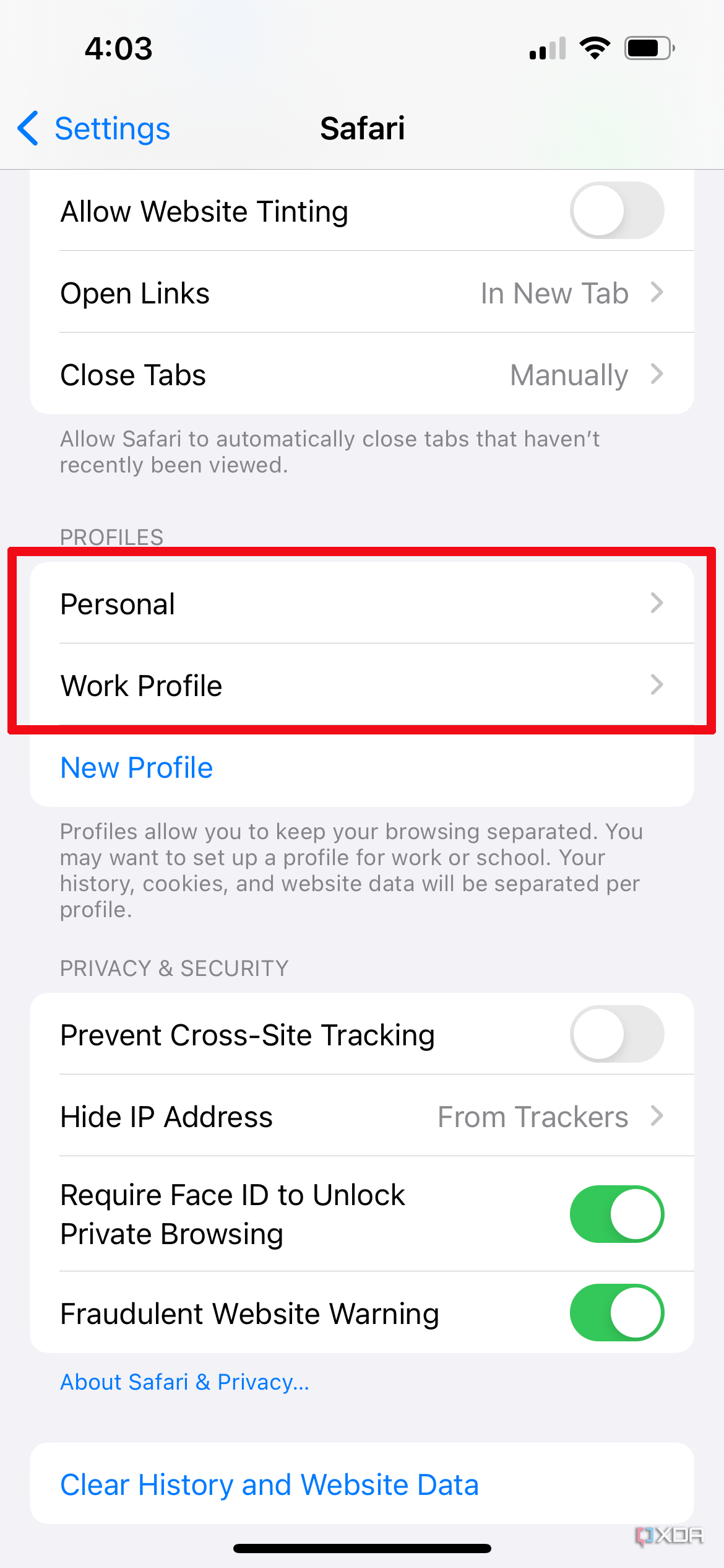 The Safari settings page on iPhone showing Personal and Work Profiles.