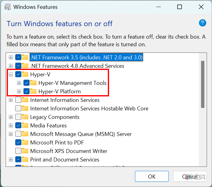 Screenshot of the optional Windows features list with Hyper-V Management Tools and Hyper-V Platform enabled