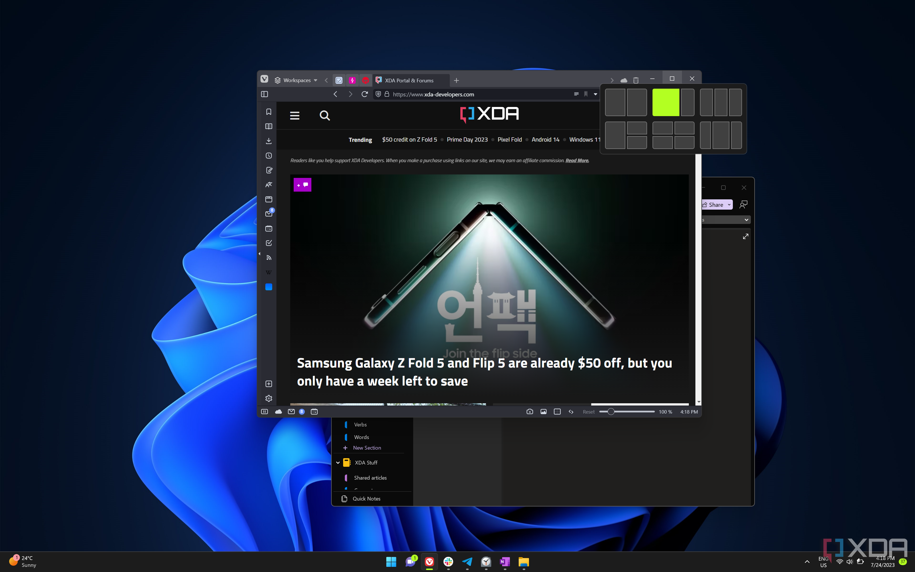 Снимок экрана рабочего стола Windows 11 с окном браузера Vivaldi и открытым OneNote, показывающий пользовательский интерфейс Snap Layouts, отображаемый при наведении курсора мыши на значок восстановления.