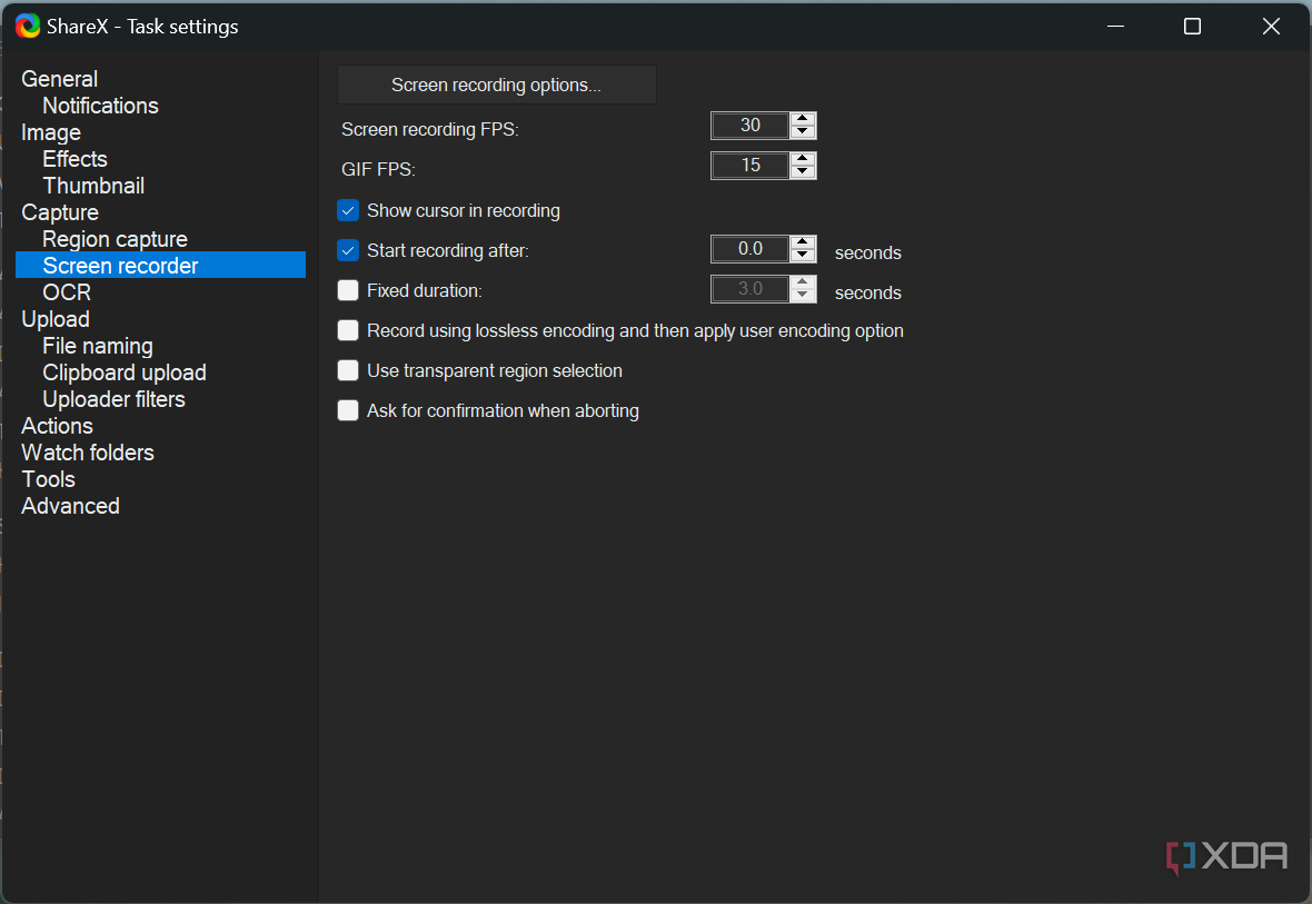 Screenshot of the basic screen recorder settings in ShareX