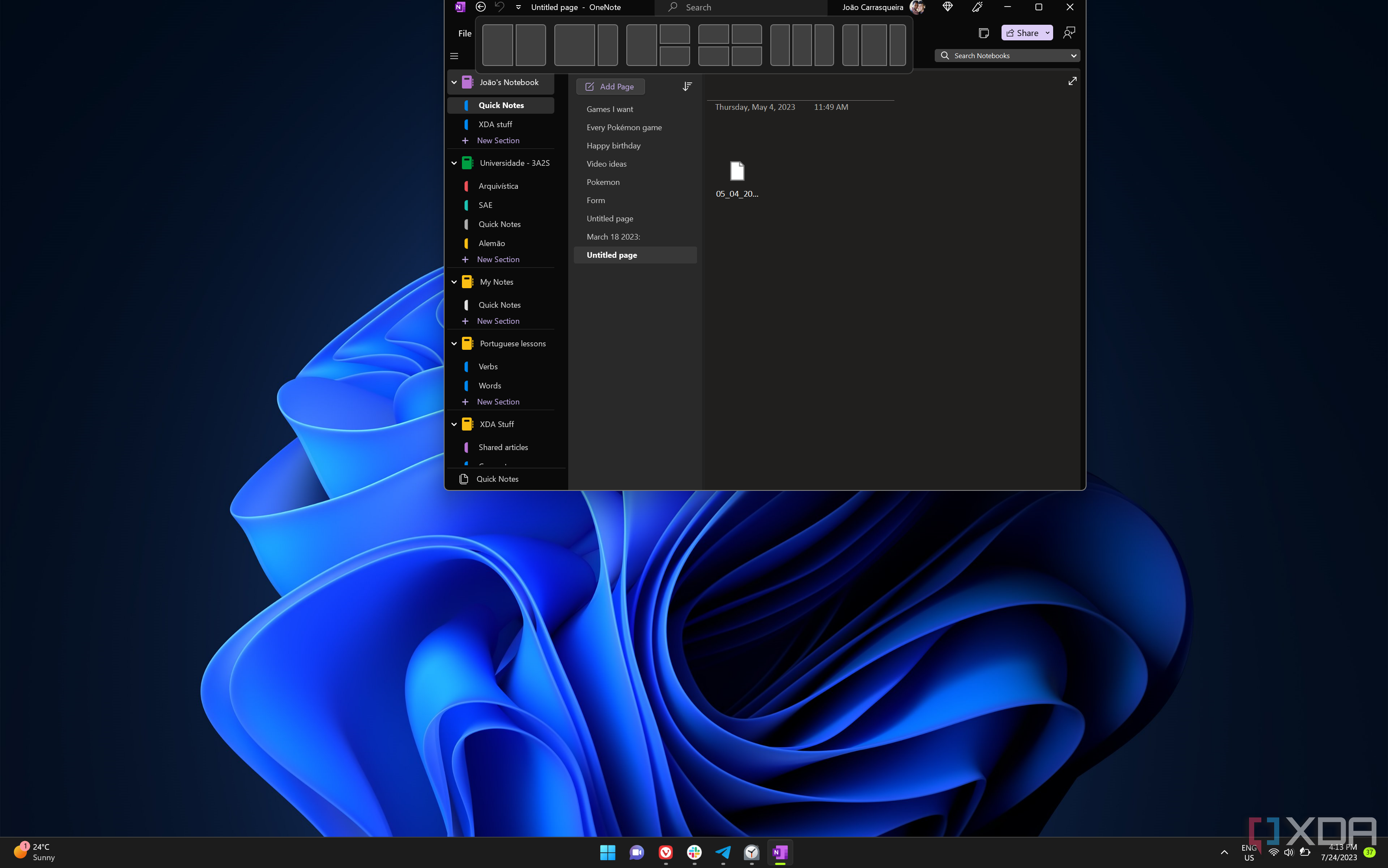 Screenshot of a WIndows 11 desktop showing the Snap Layouts UI displayed when a window is dragged near the top of the screen