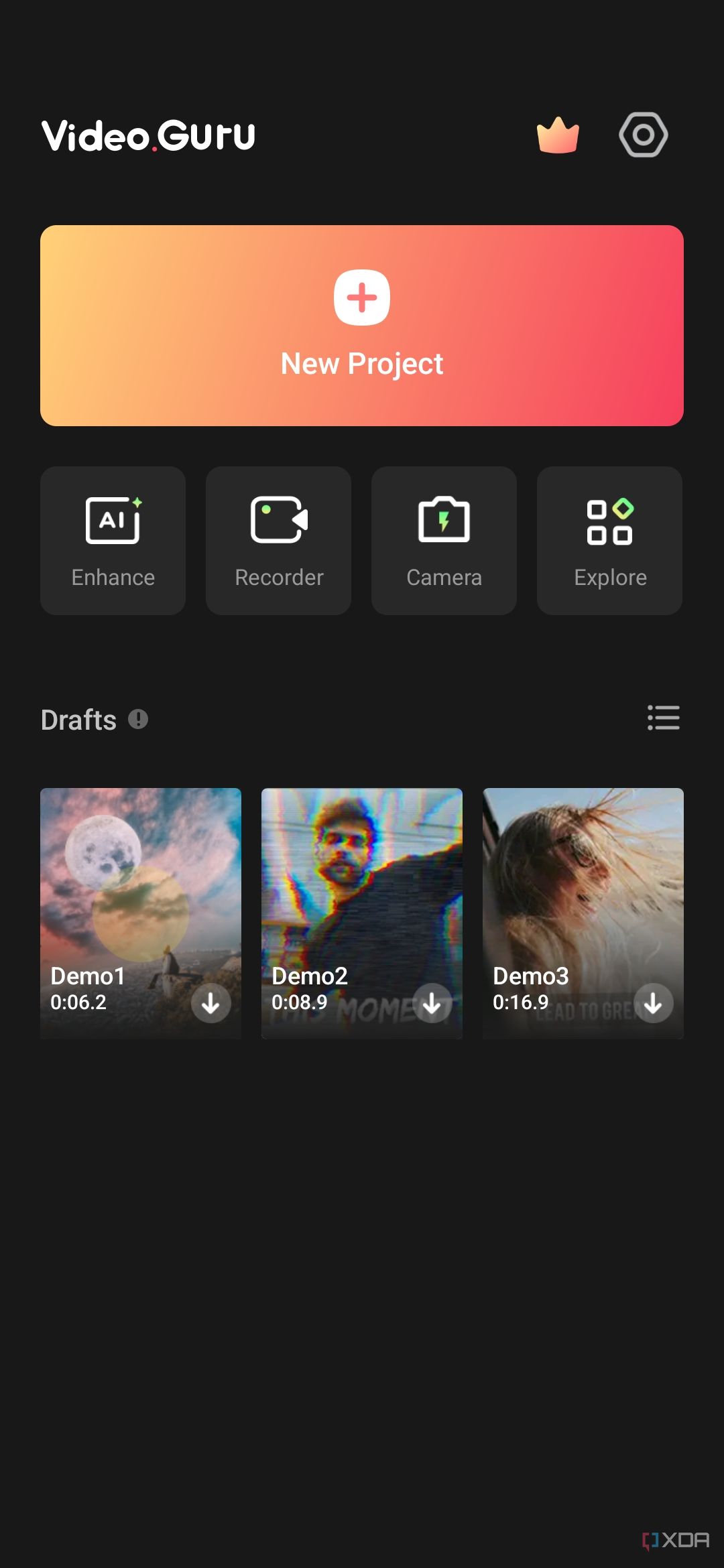 A screenshot captured on a Galaxy S23 showing the main screen in Video Guru app.
