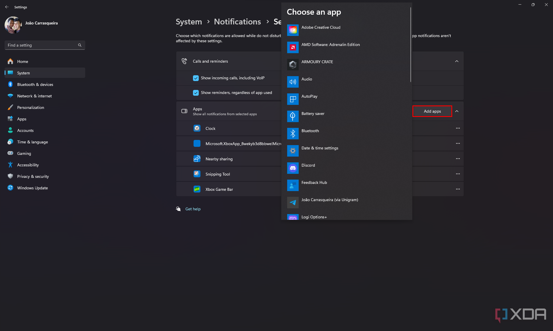 Screenshow of the priority notification settings in Windows 11 when adding apps to the notifications priority list