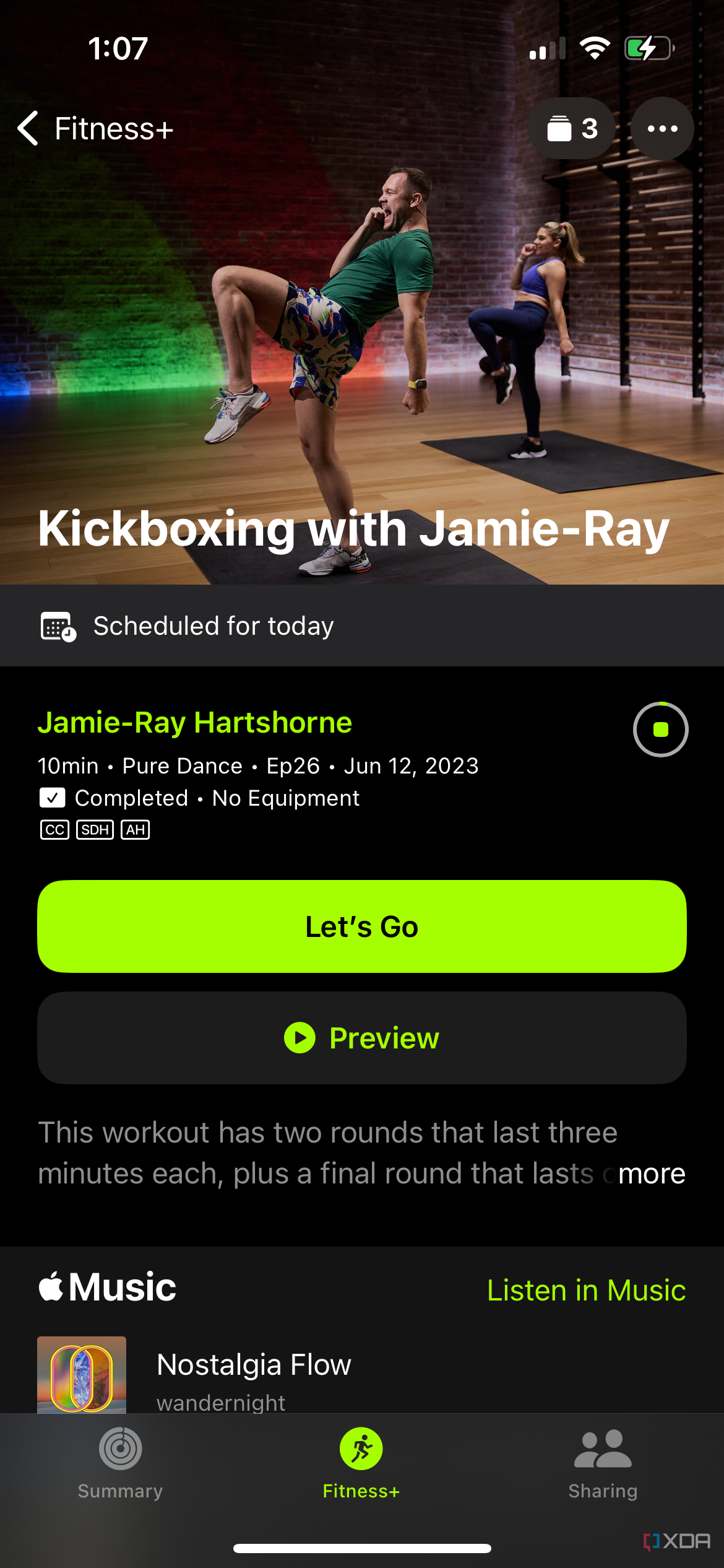 A kickboxing workout as part of a custom fitness plan in the Apple Fitness Plus section of the Apple Fitness app
