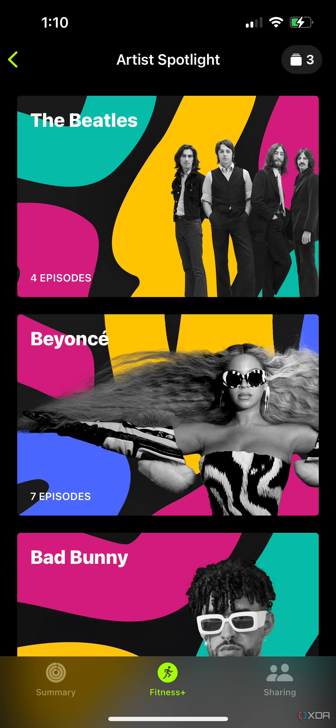 Artist Spotlight page showing The Beatles, Beyonce, and Bad Bunny in the Apple Fitness Plus section of the Apple Fitness app