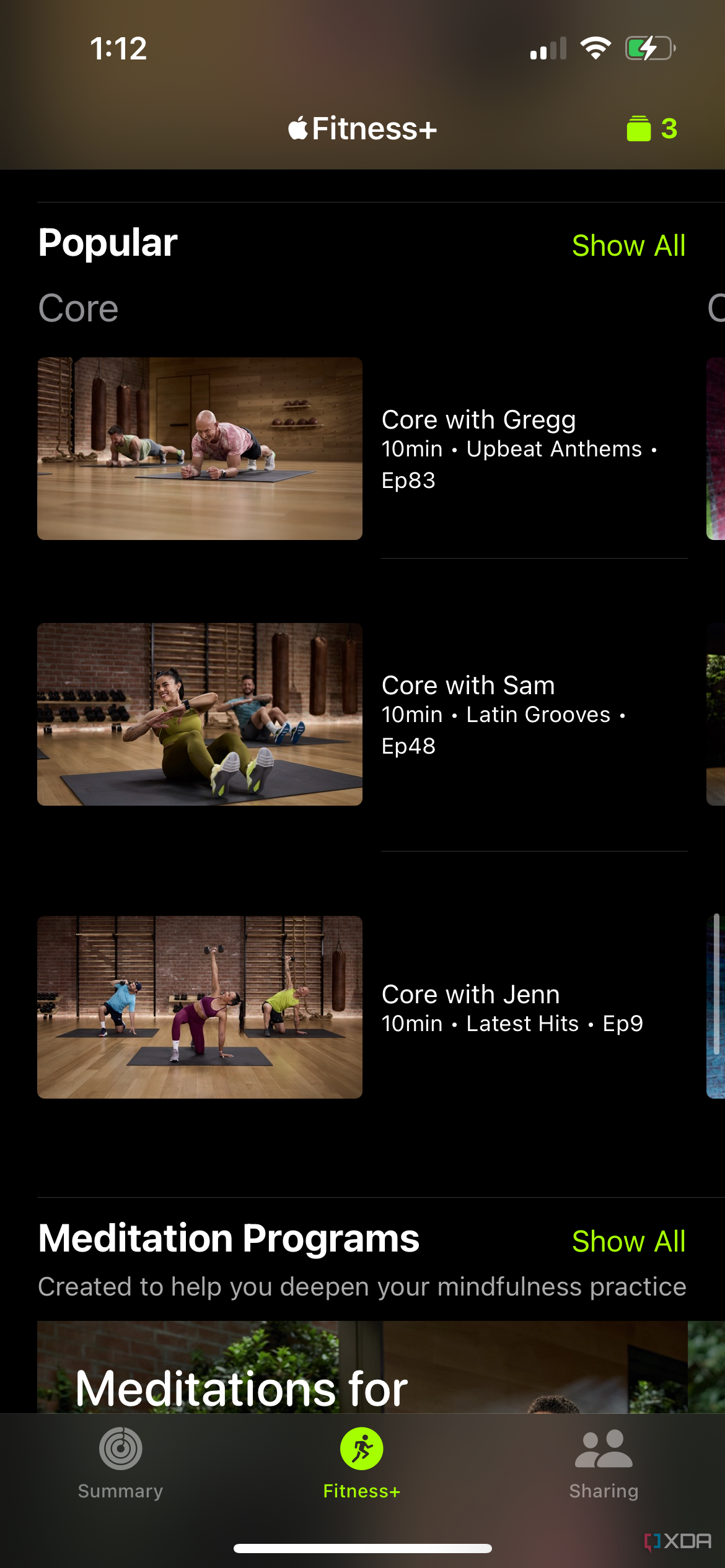 Popular programs showing in the Apple Fitness Plus section of the Apple Fitness app