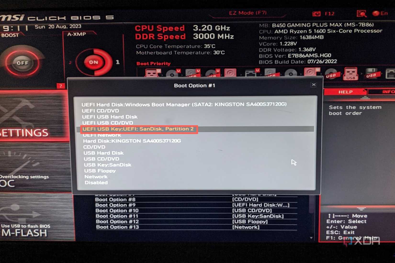 Una imagen de la configuración de arranque de la BIOS de MSI B450 Gaming Plus Footboard