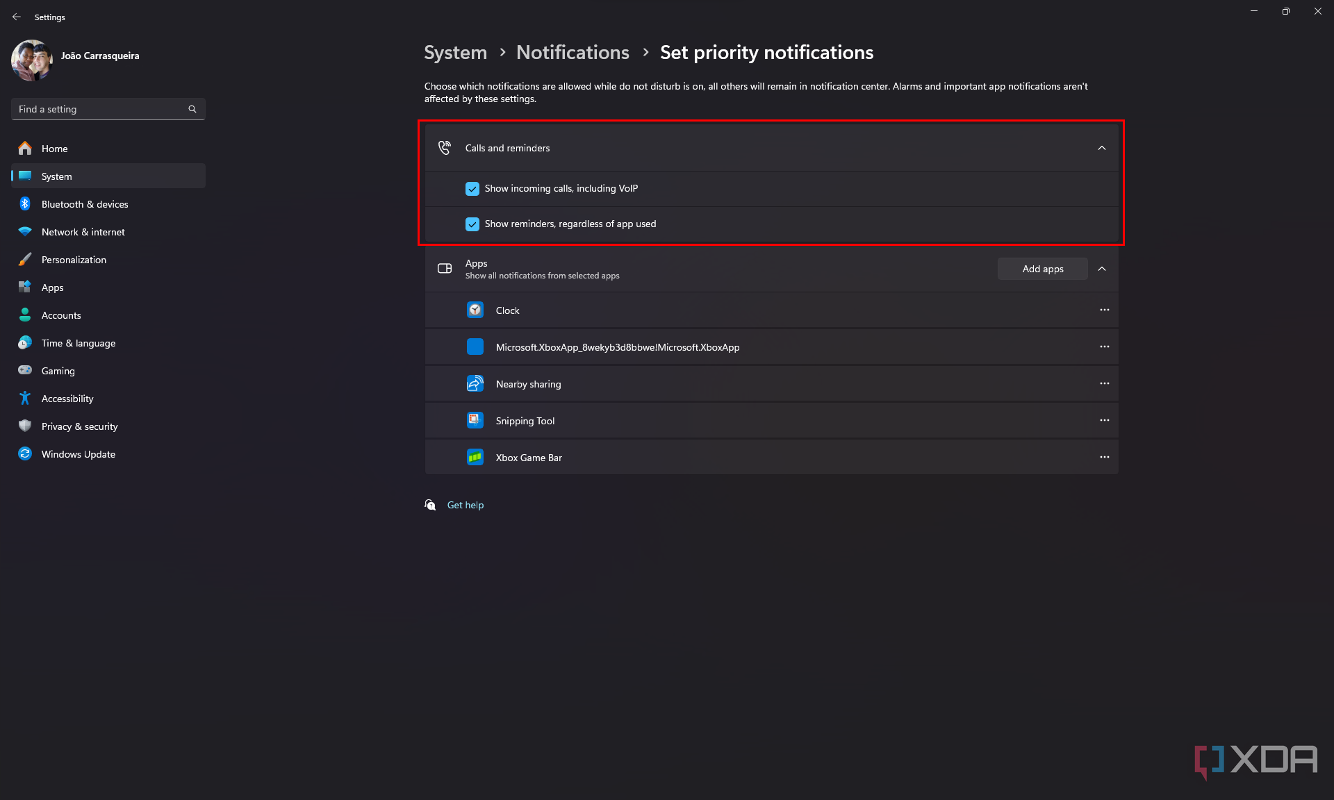 Screenshot of priority notification settings in Windows 11 with the calls and reminders section highlighted