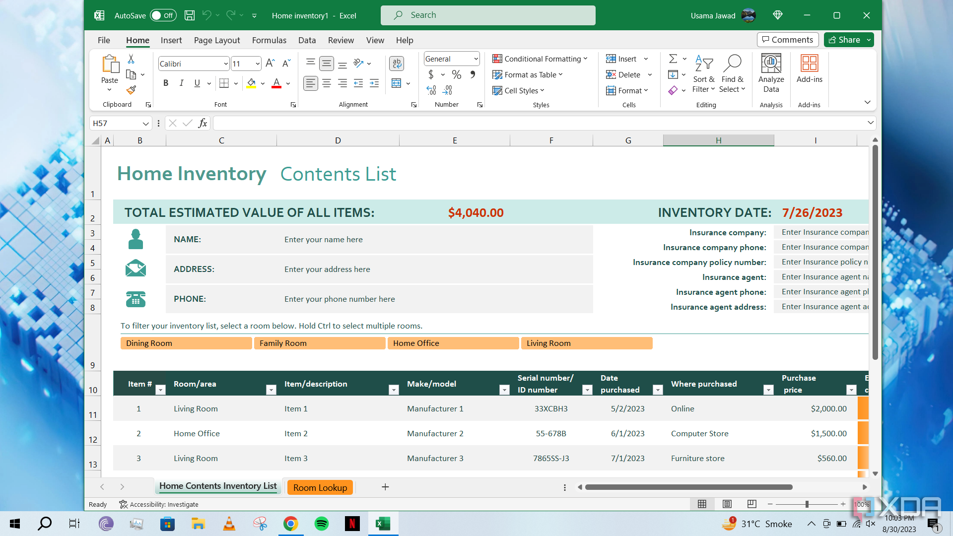 Microsoft Excel template open in Windows 10
