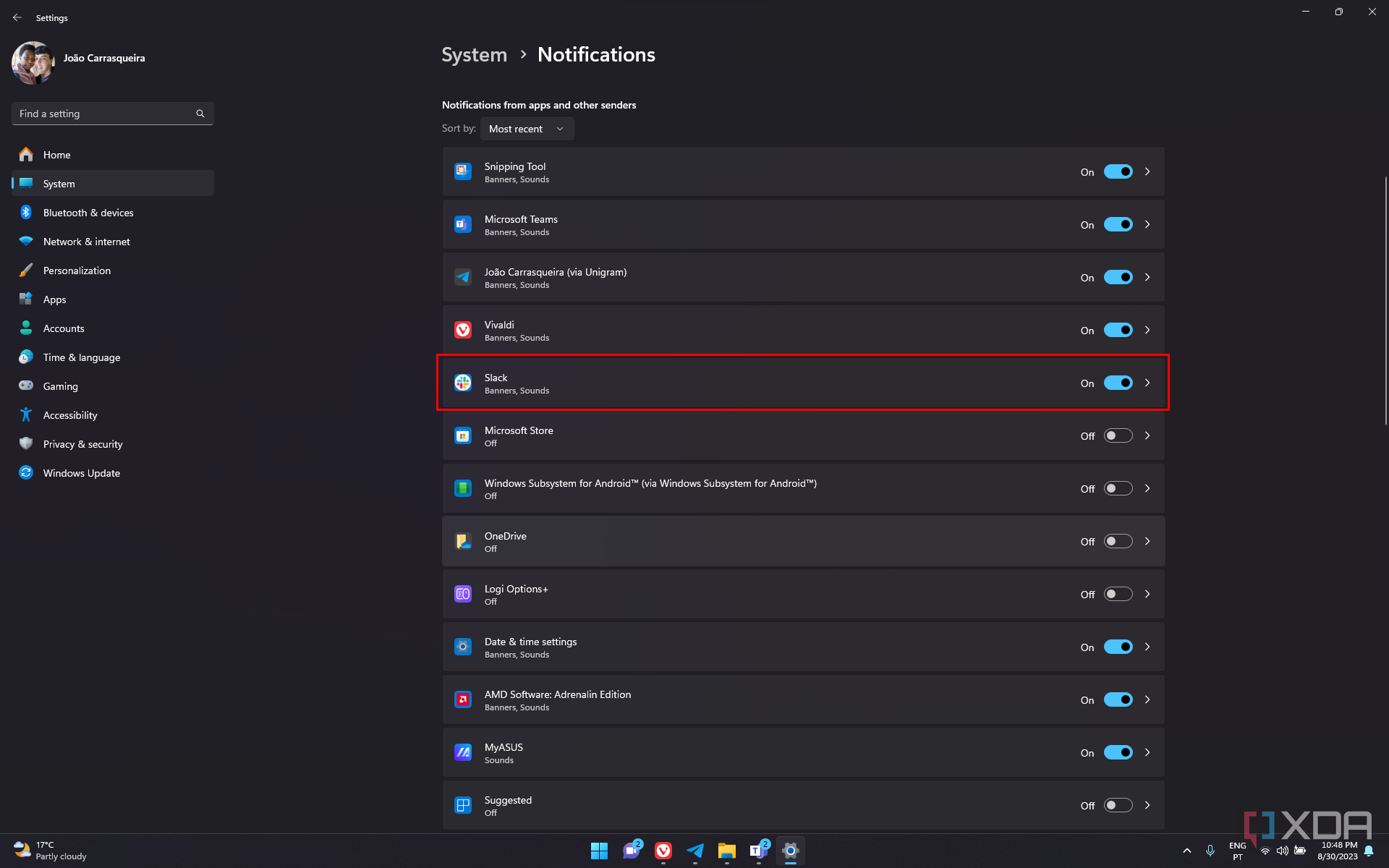 Screenshot of the notification settings in Windows 11 with Slack highlighted with a red outline
